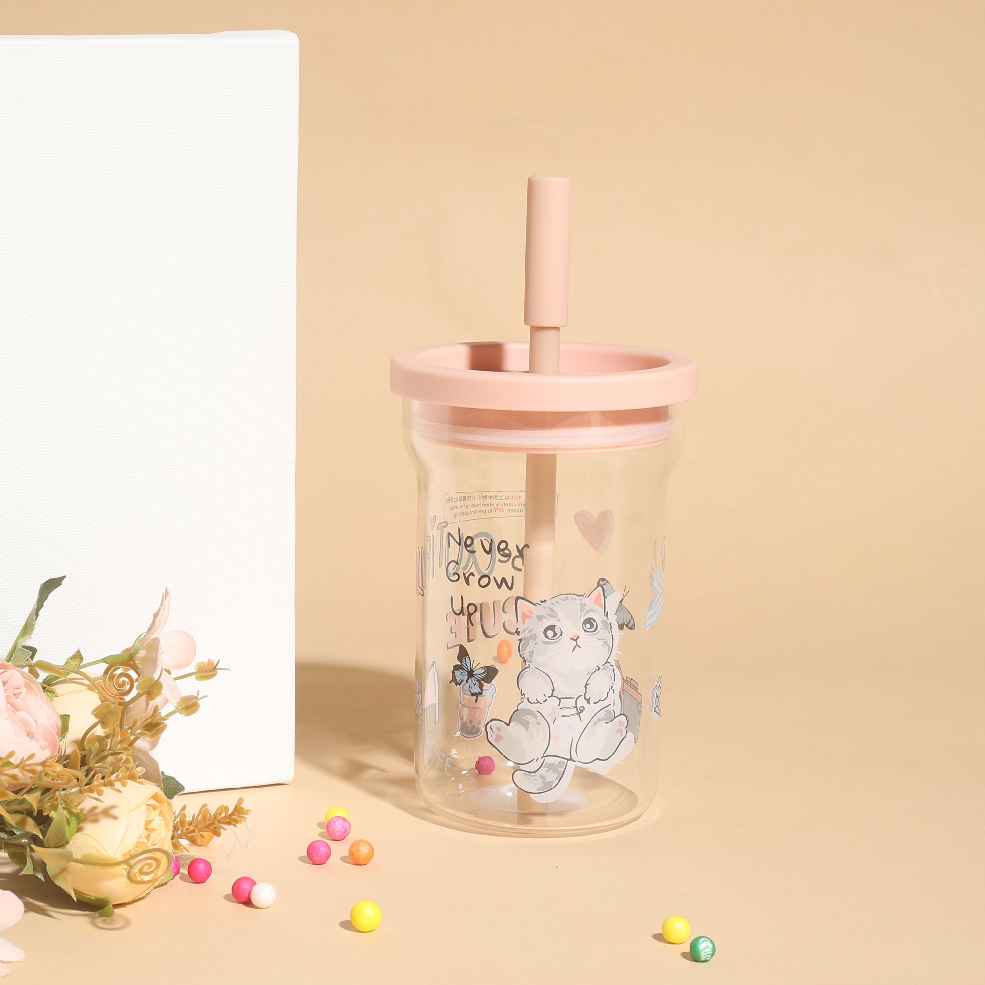 Cute Cartoon Cat Glass Tumbler with Straw- 700ml