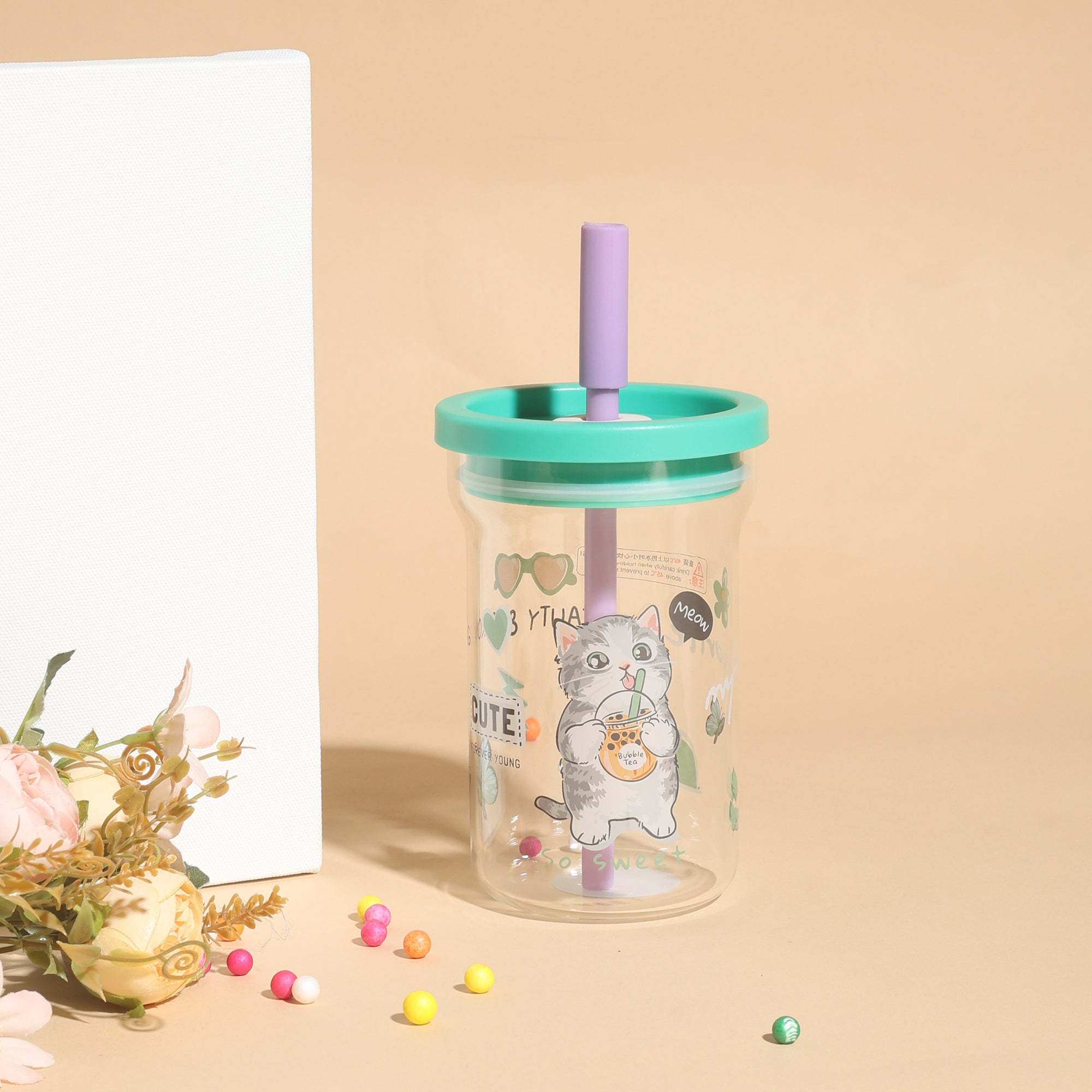 Cute Cartoon Cat Glass Tumbler with Straw- 700ml