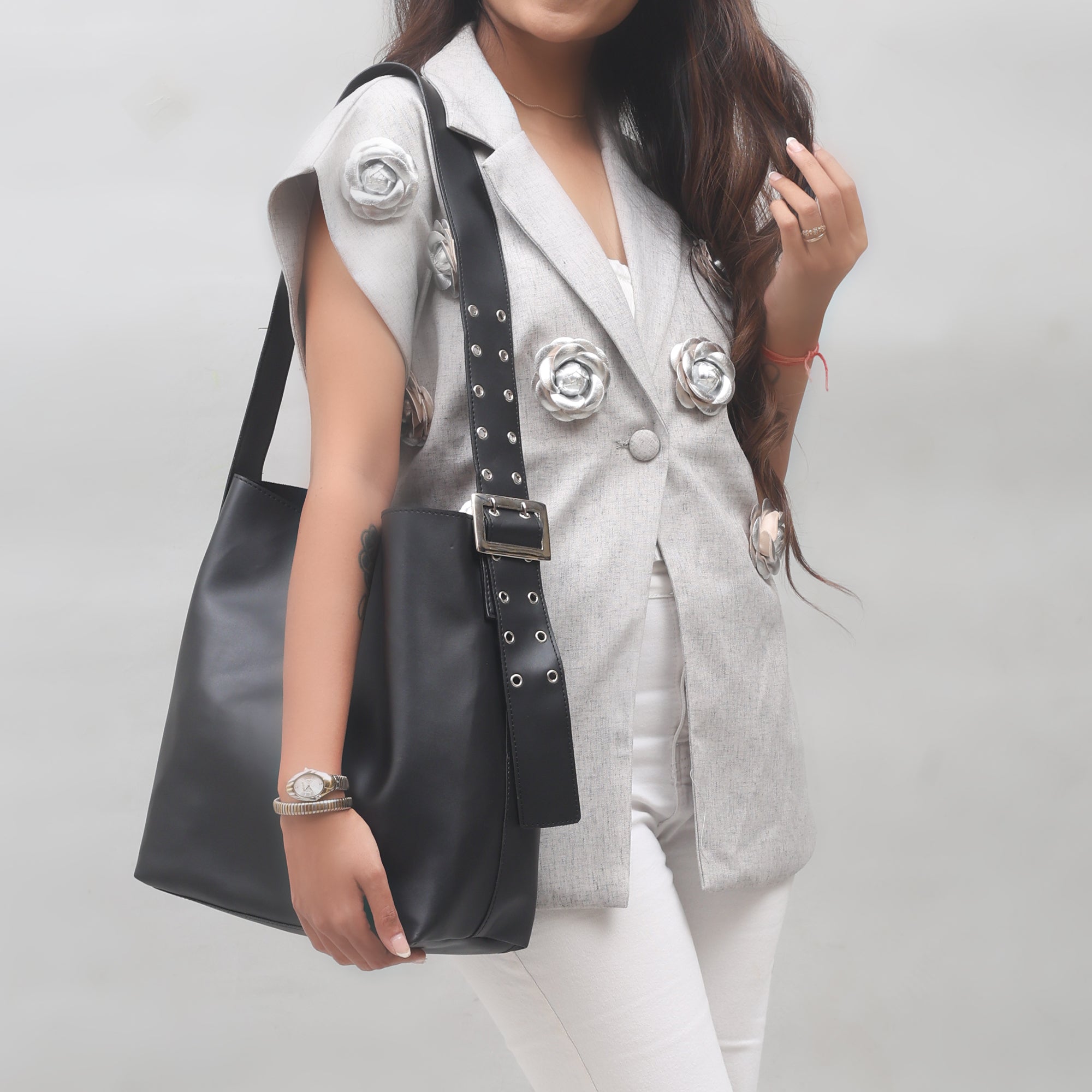 Wide Strap Tote Bag- Black