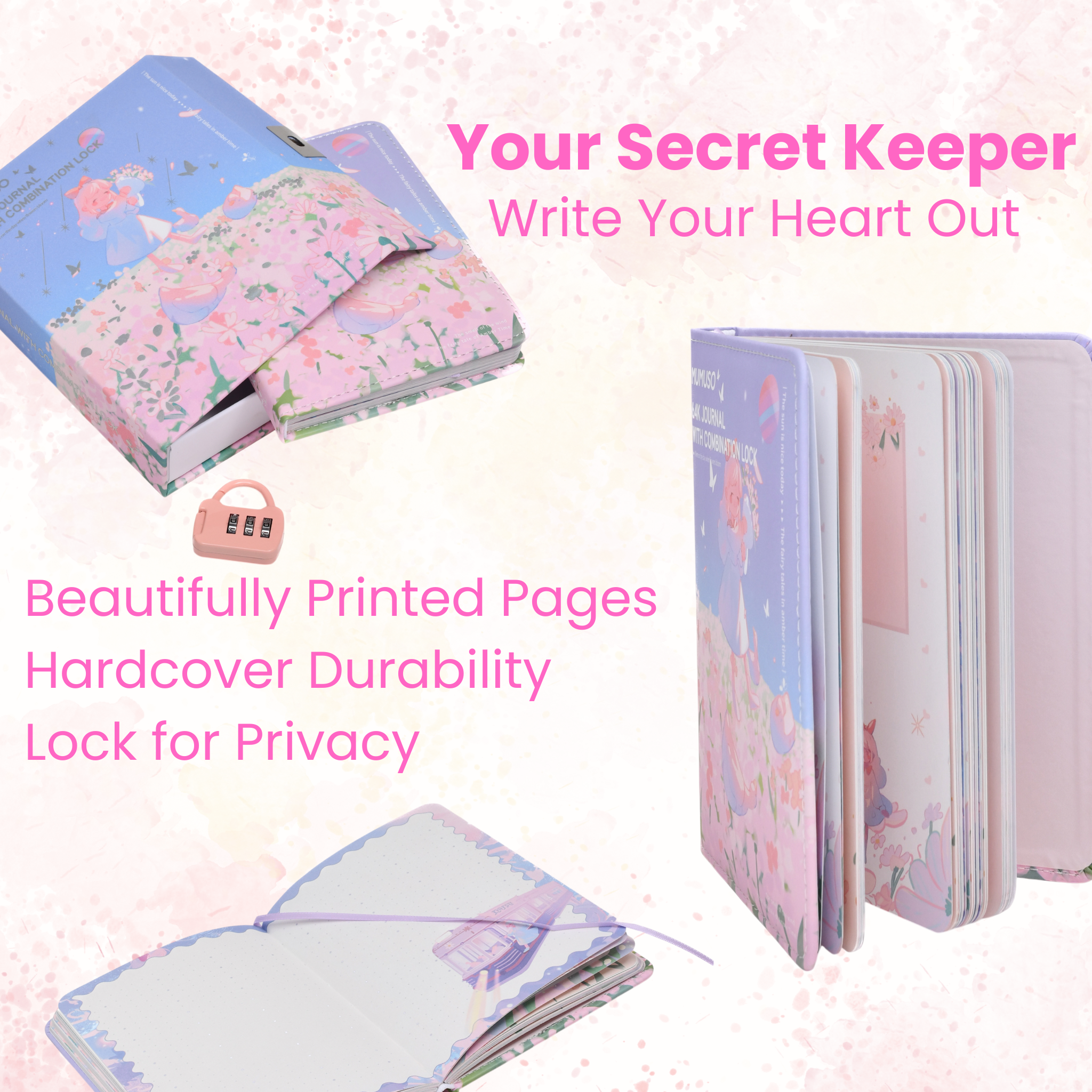 MUMUSO 64K Journal with Combination Lock - Pink & Blue