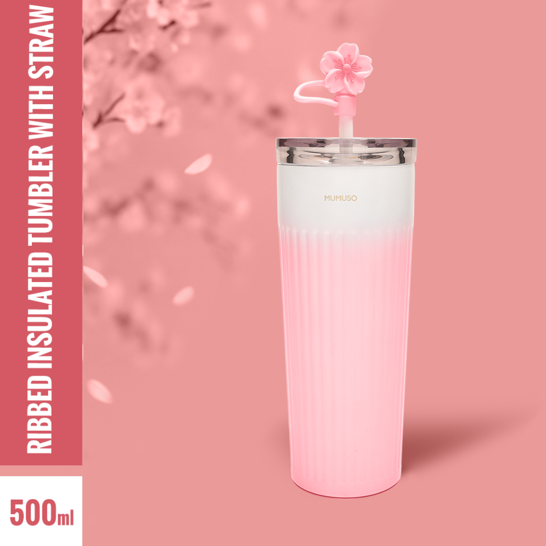 Cherry Blossom Collection Ribbed Insulated Tumbler with Straw - Pink/500 ml