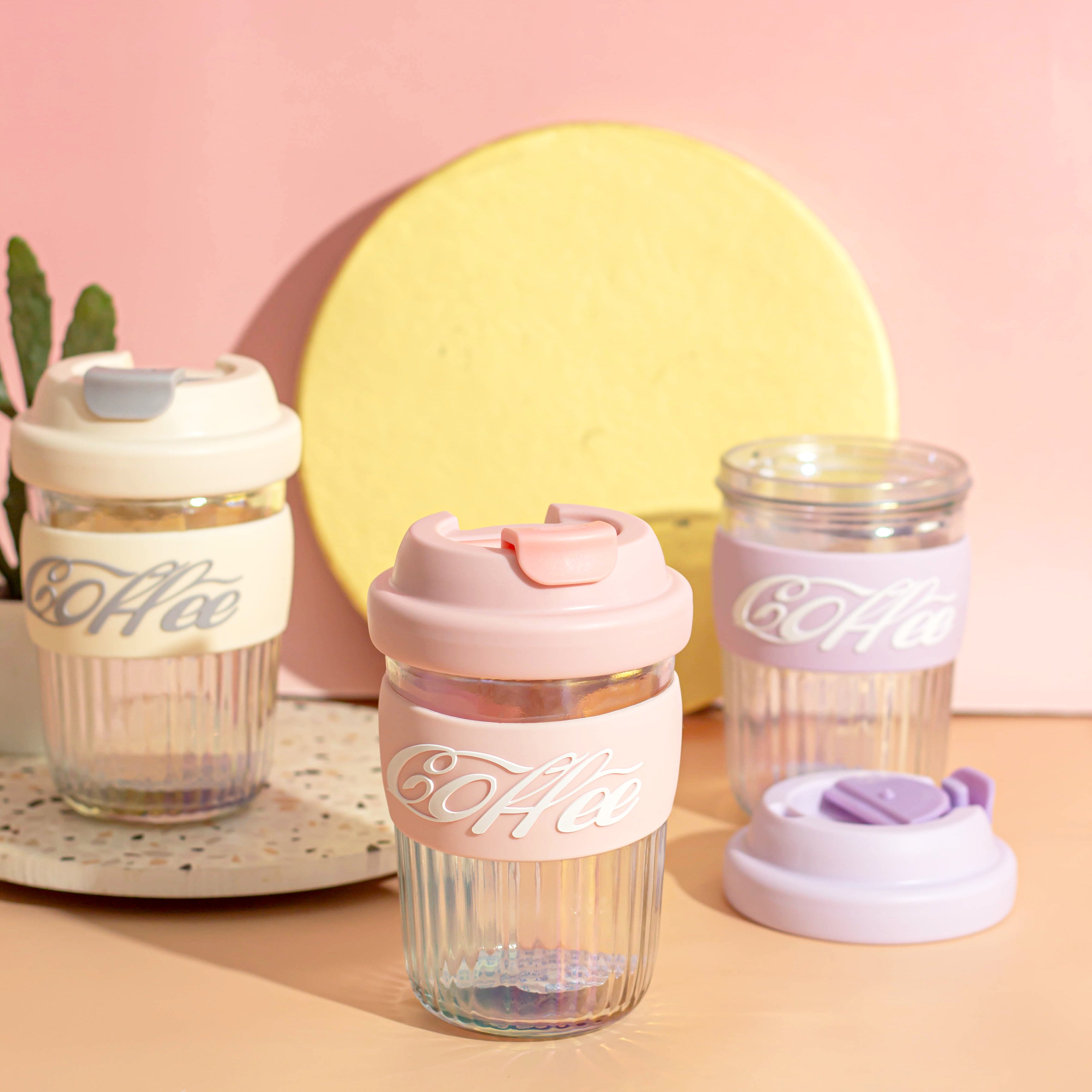 Dazzling Glass Coffee Tumbler with Lid and Sleeves-400ml