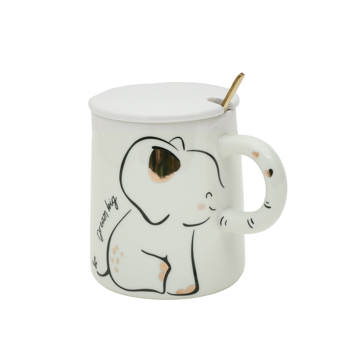 Adorable Elephant Printed Ceramic Mug with Lid - White Mumuso