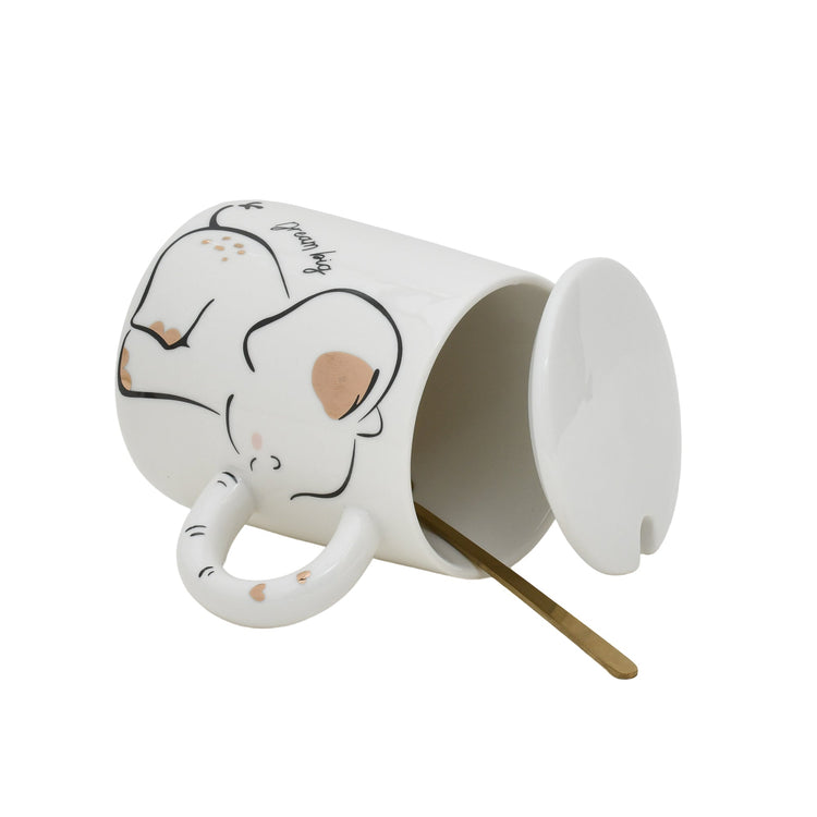 Adorable Elephant Printed Ceramic Mug with Lid - White Mumuso