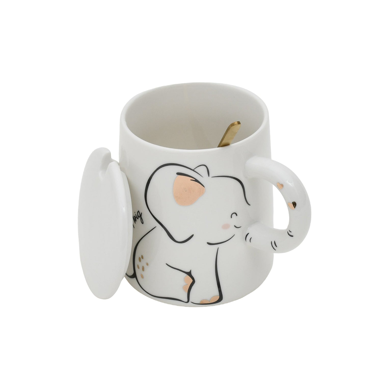 Adorable Elephant Printed Ceramic Mug with Lid - White Mumuso