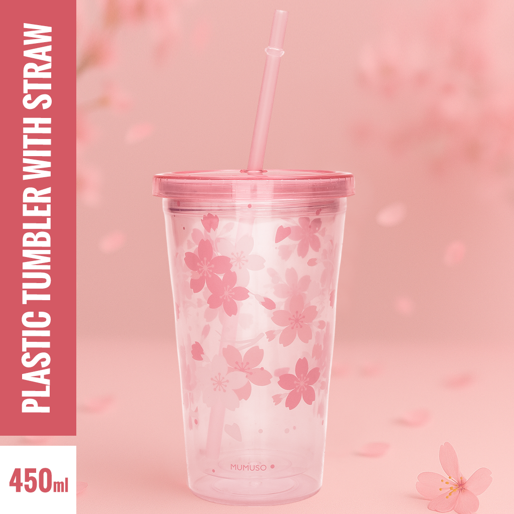 Cherry Blossom Plastic Tumbler with Straw- Pink/450ml