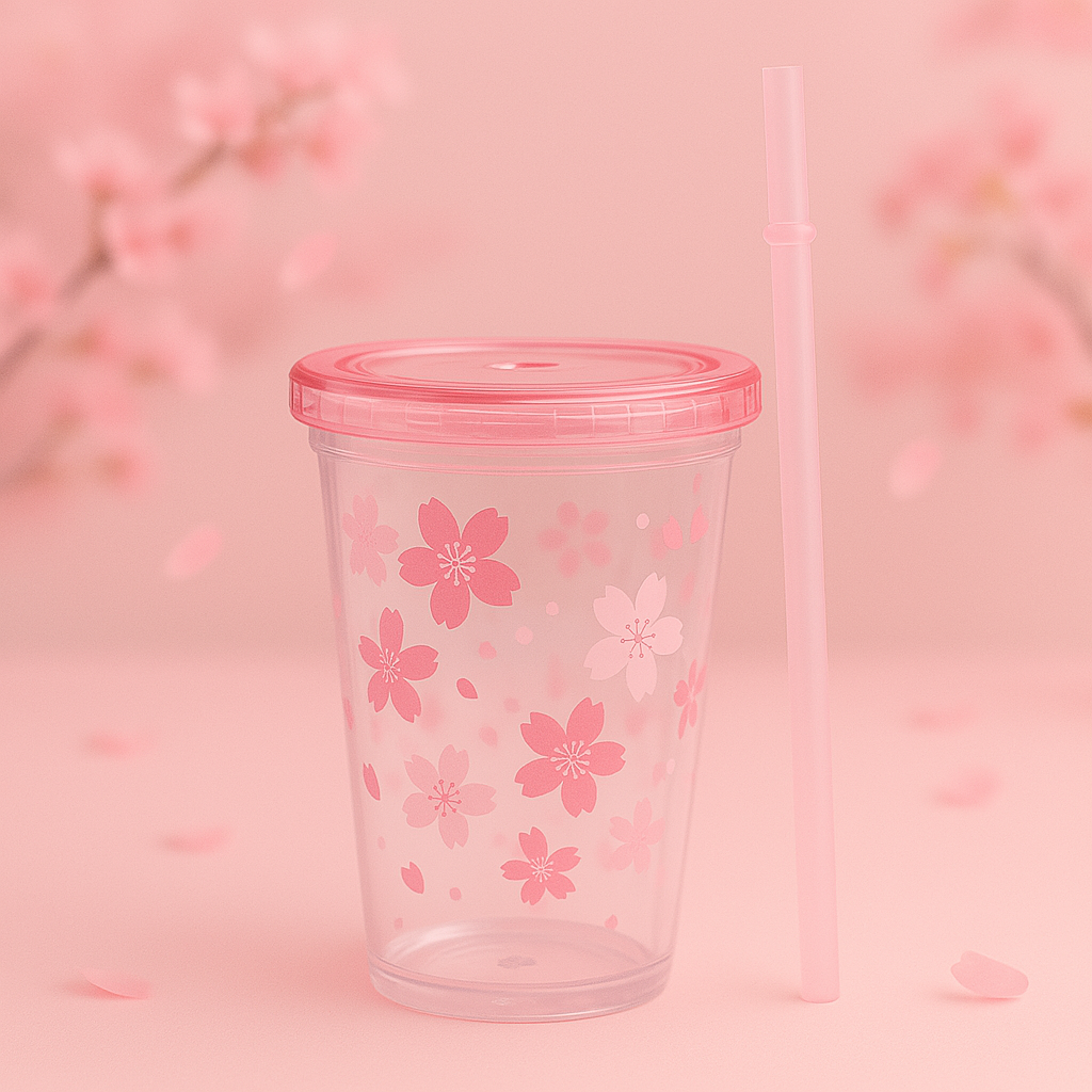 Cherry Blossom Plastic Tumbler with Straw- Pink/450ml