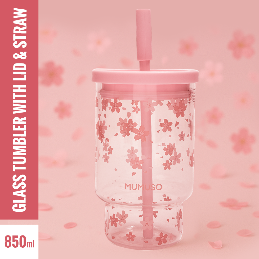 Cherry Blossom Glass Tumbler with Lid & Straw- Pink/850 ml