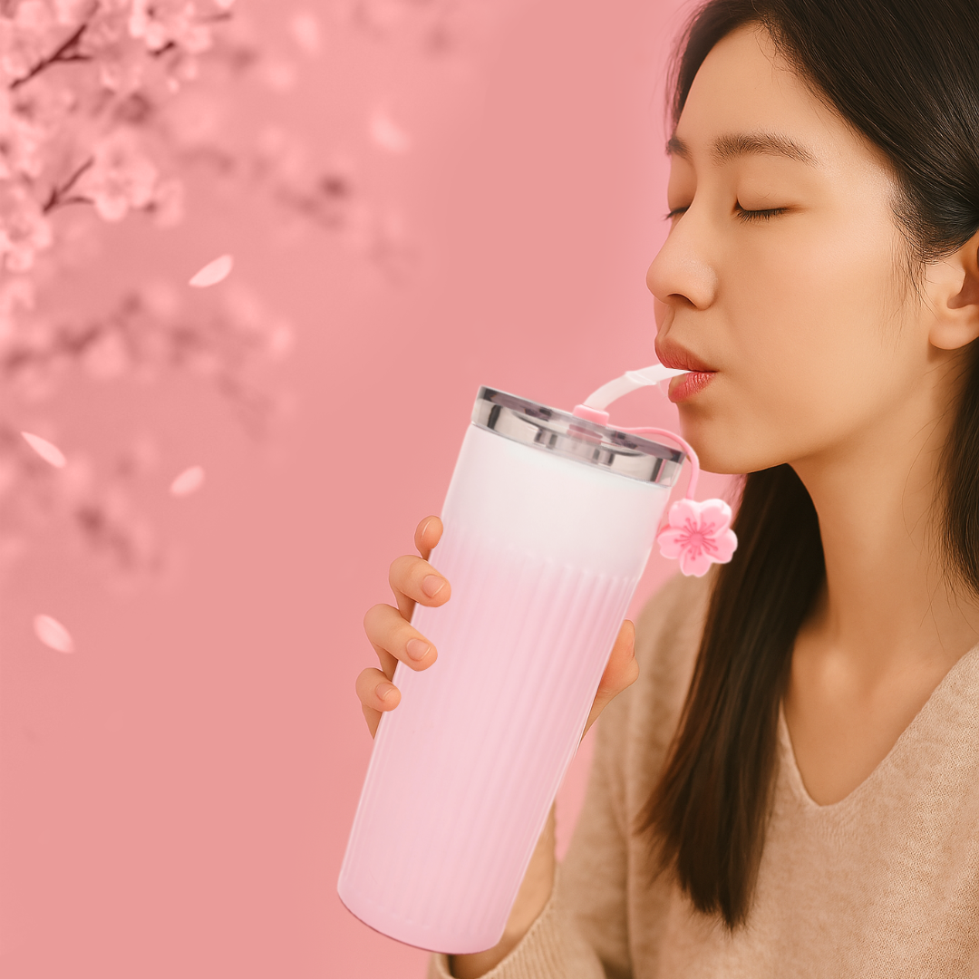 Cherry Blossom Collection Ribbed Insulated Tumbler with Straw - Pink/500 ml