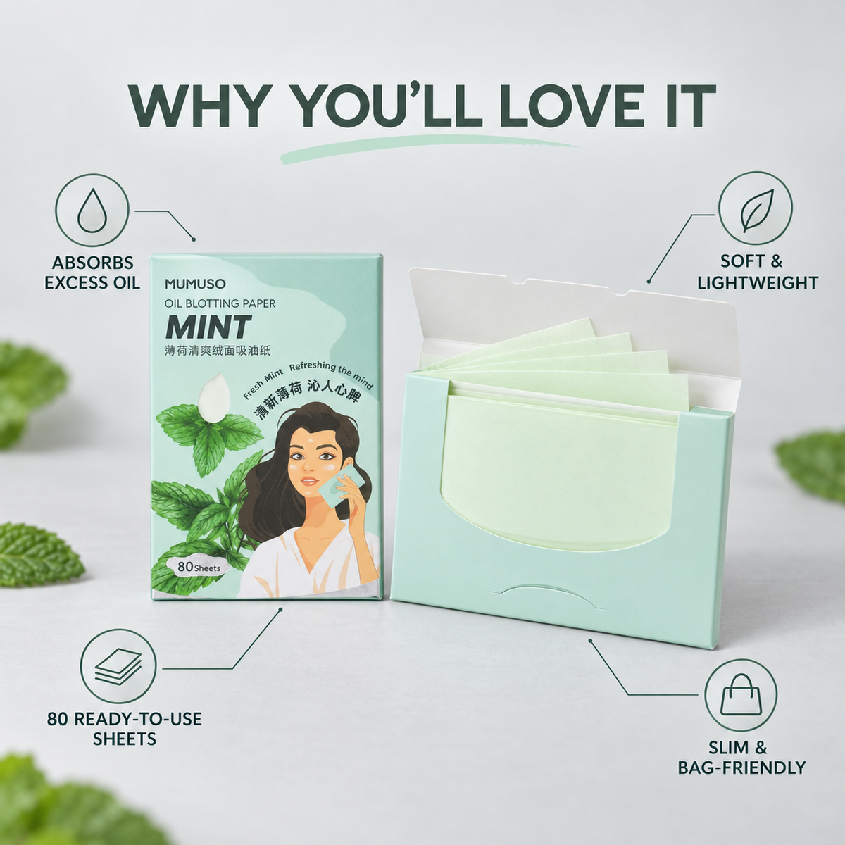 Mint Oil Blotting Paper - Set of 2 (60 Sheets Each)