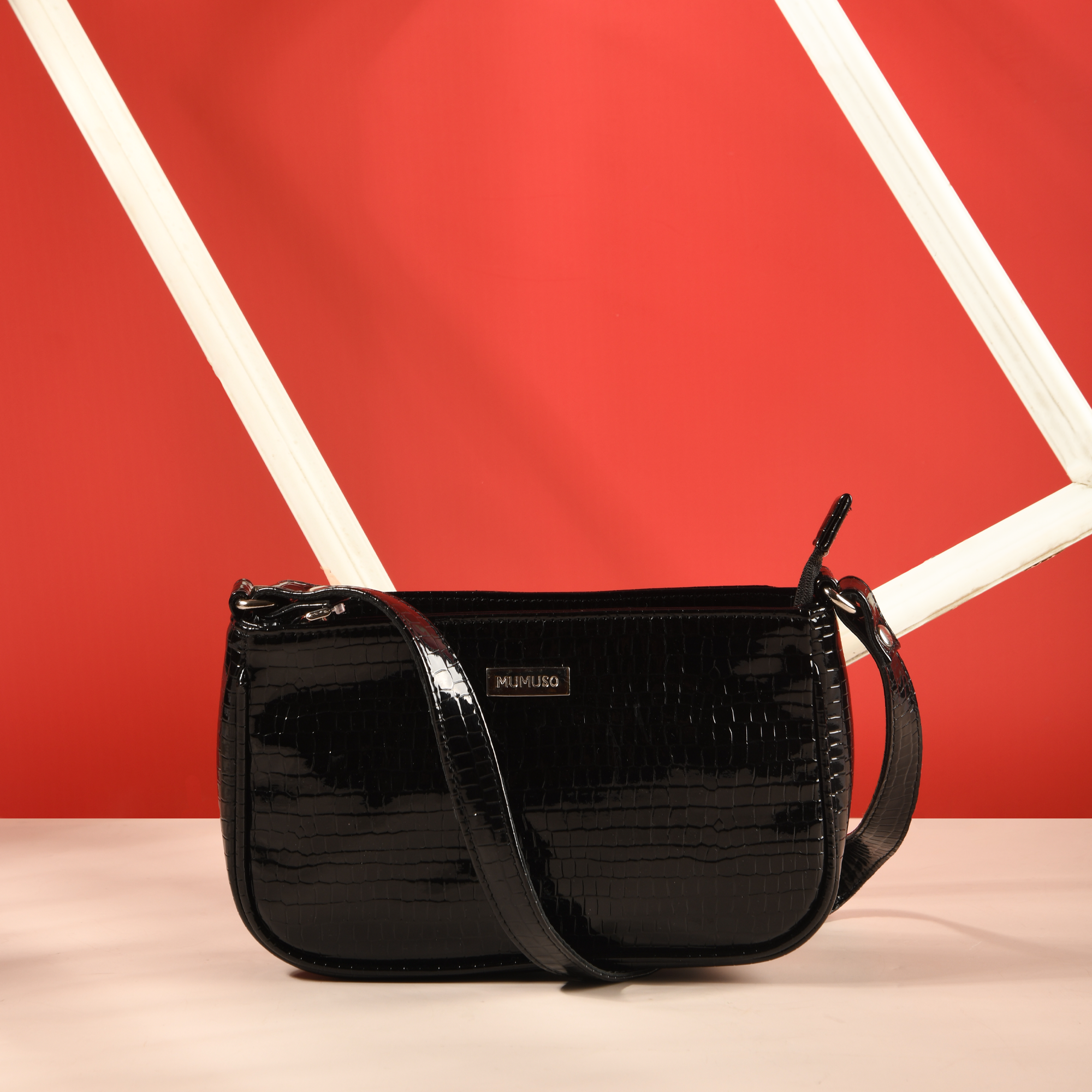 Glossy Croco-Pattern Baguette Bag - Black