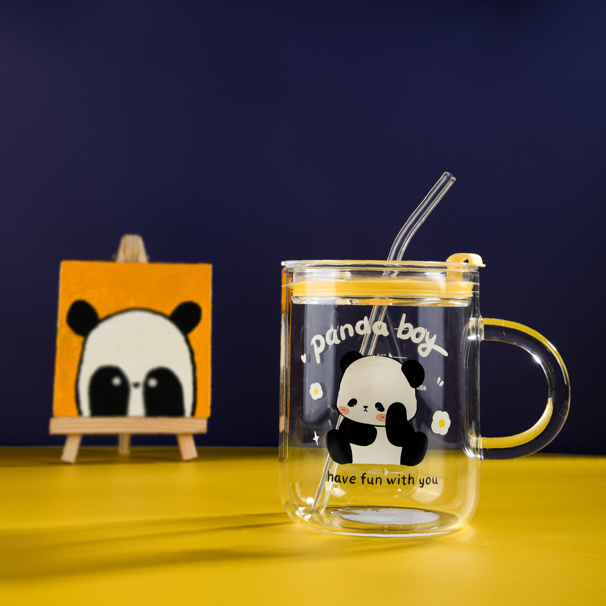 Cute Panda Dual-Use Glass Mug With Straw - 700 ML
