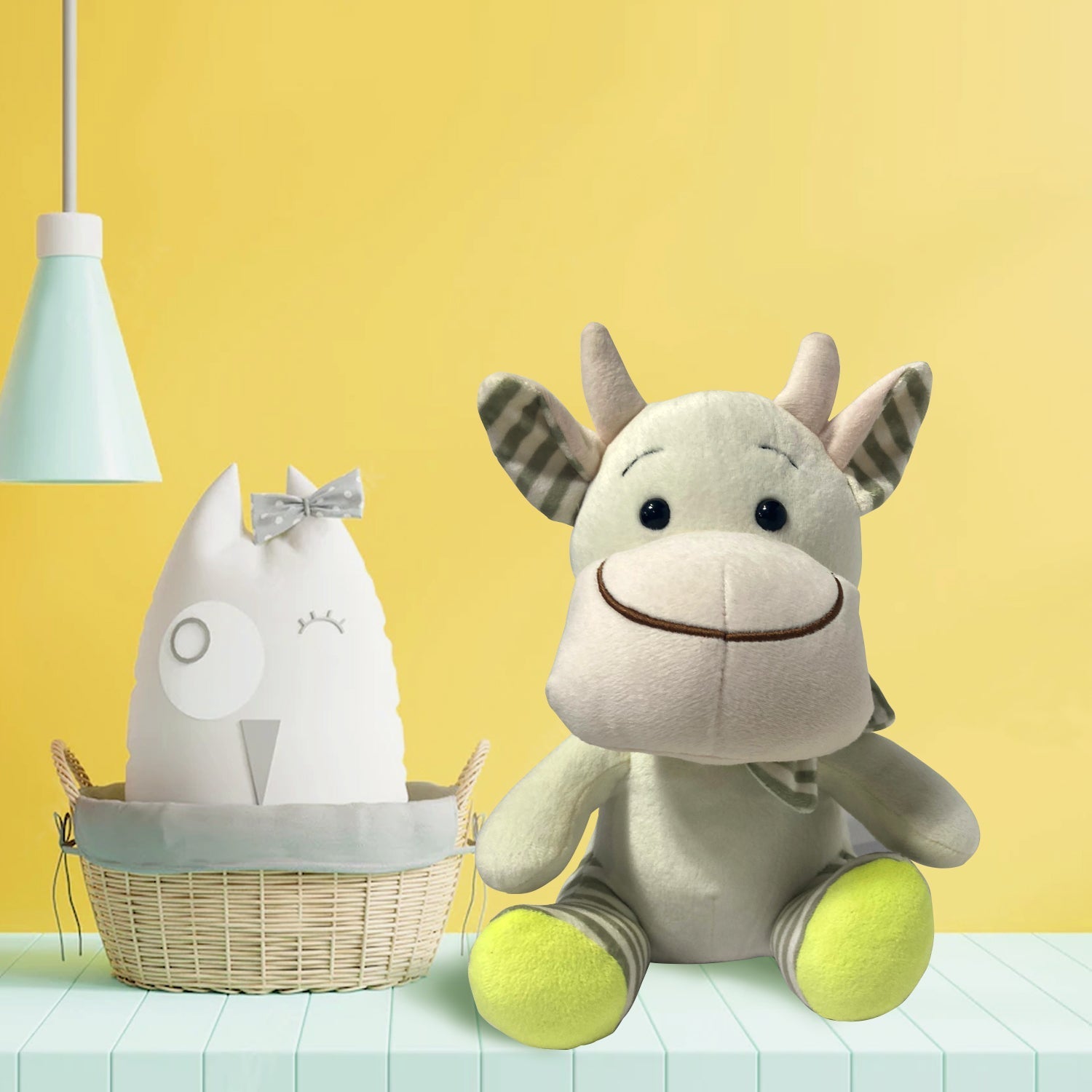 Fleecy Sitting Cow Plushie - White & Green Mumuso