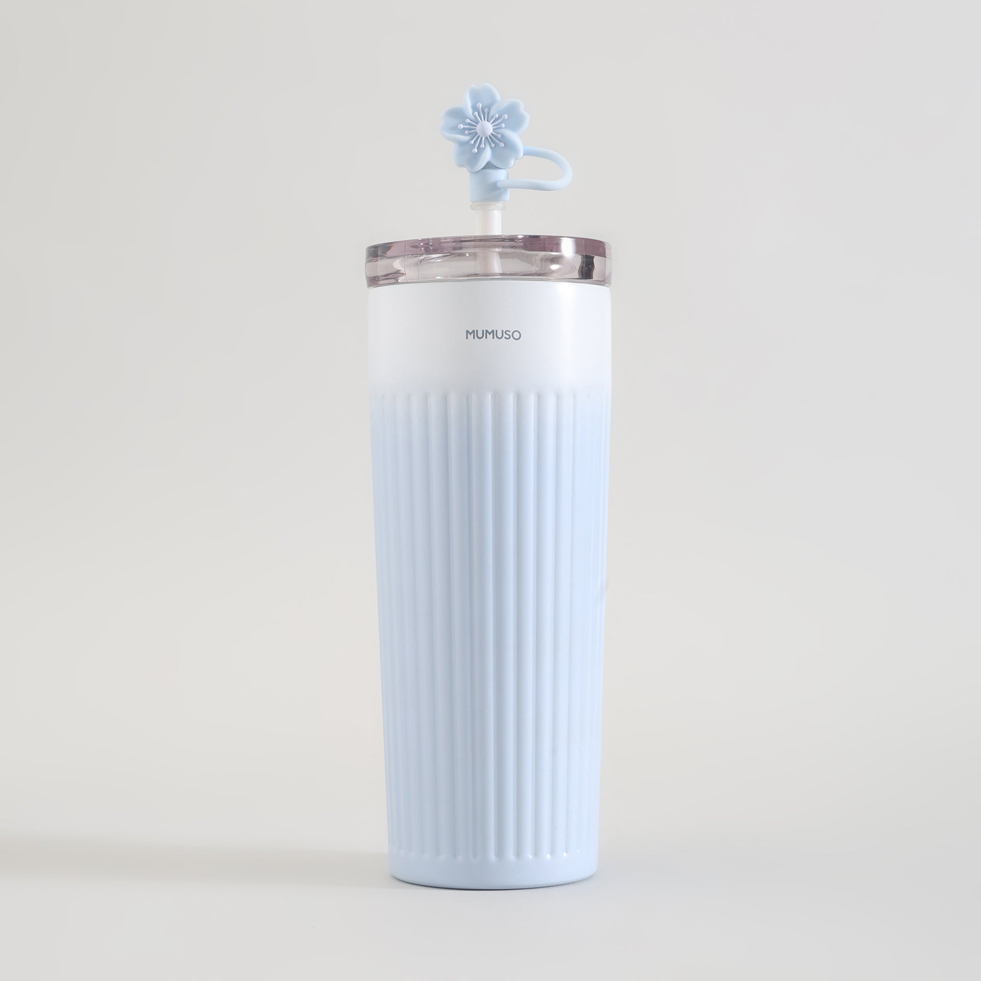 Ribbed Insulated Tumbler with Straw - Cherry Blossom Collection/Blue/500 ml