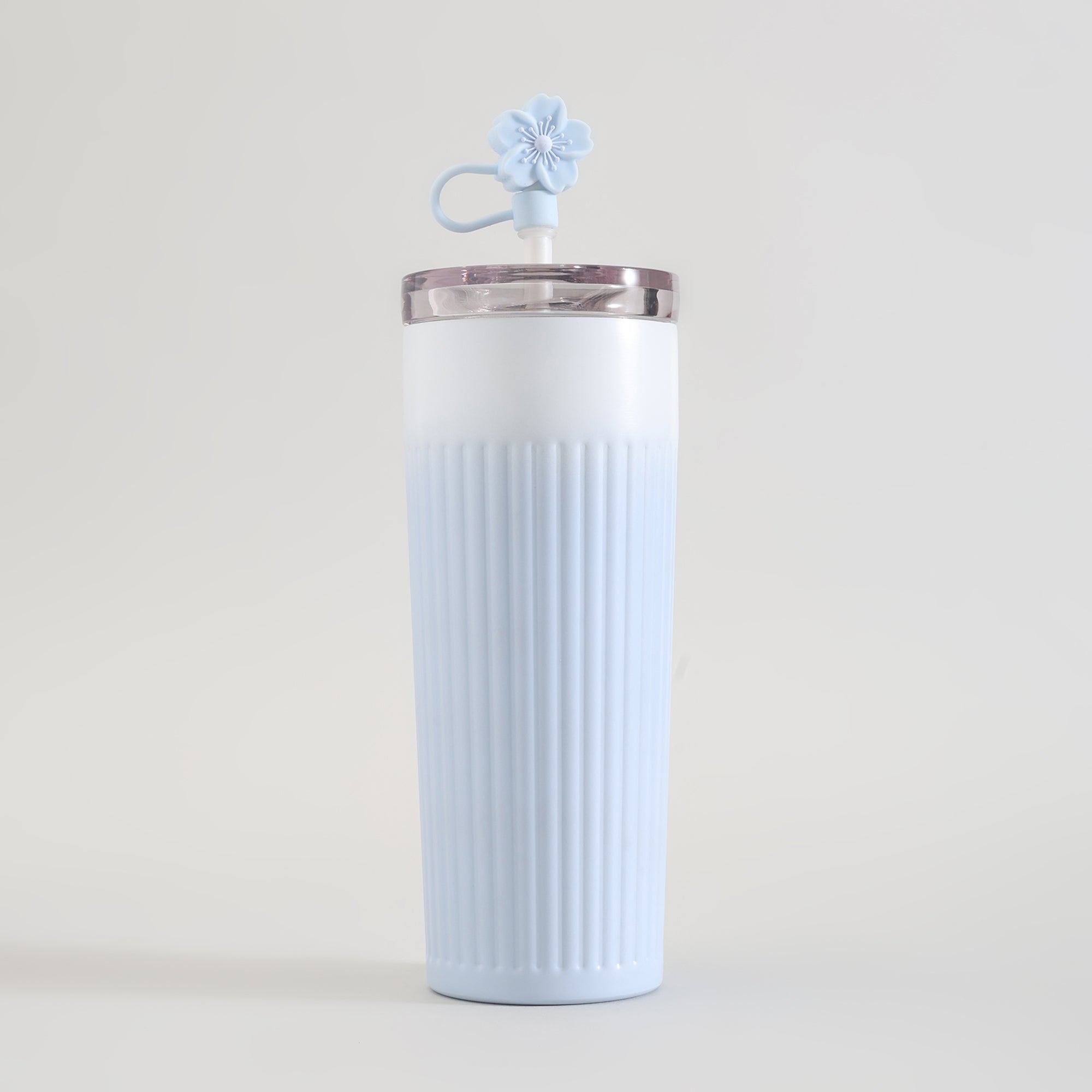 Ribbed Insulated Tumbler with Straw - Cherry Blossom Collection/Blue/500 ml