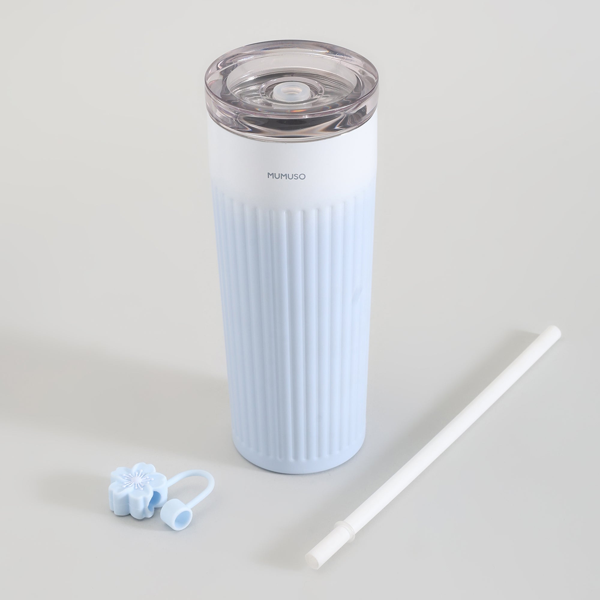 Ribbed Insulated Tumbler with Straw - Cherry Blossom Collection/Blue/500 ml