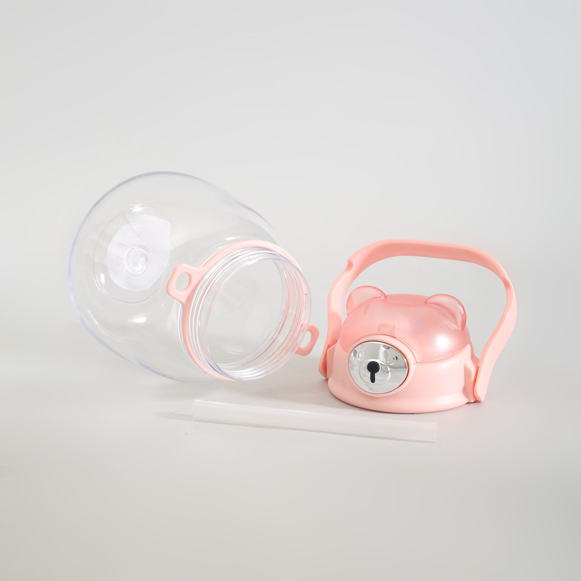 Cute Bear Water Bottle with Straw, Adjustable Shoulder Strap & Stickers- Pink
