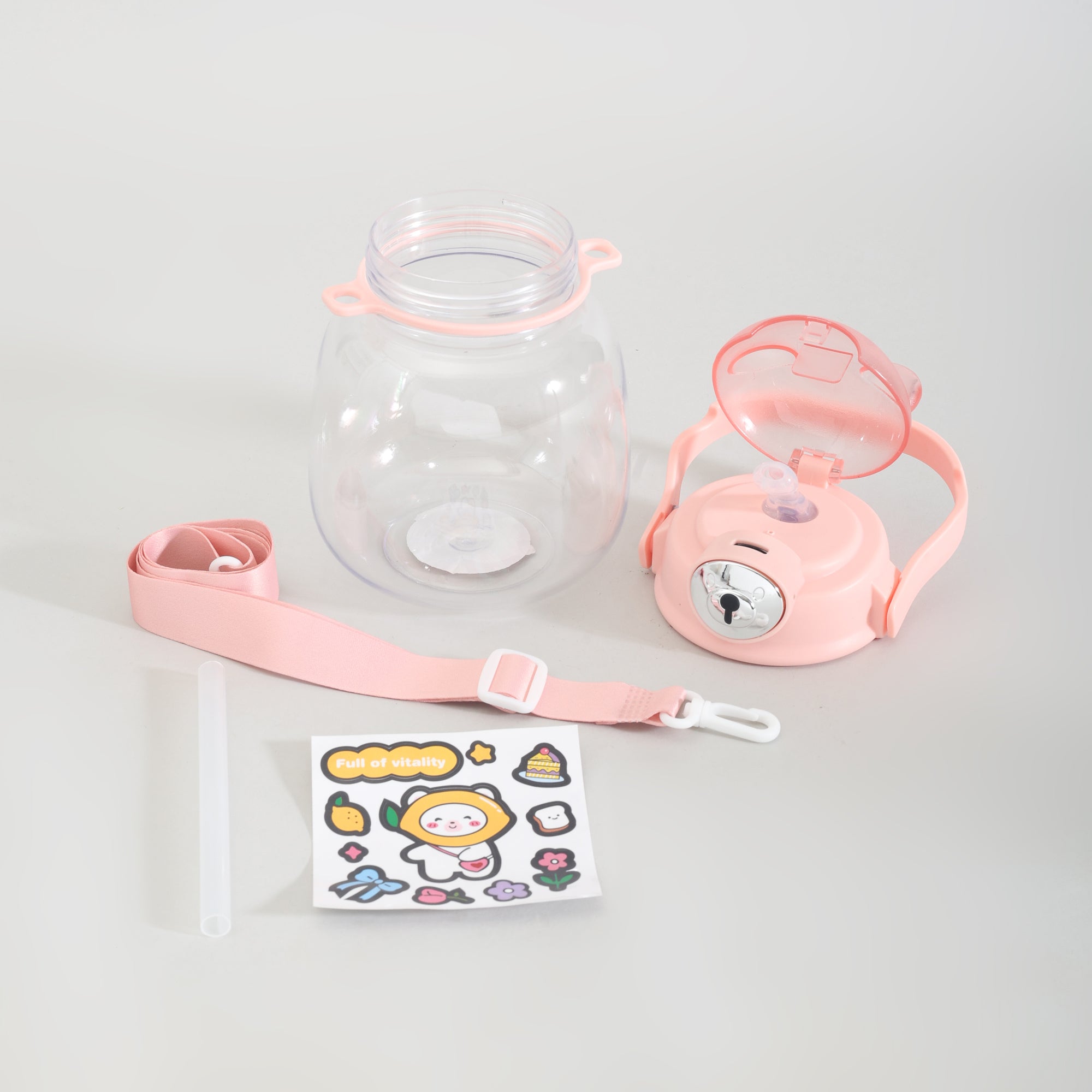 Cute Bear Water Bottle with Straw, Adjustable Shoulder Strap & Stickers- Pink