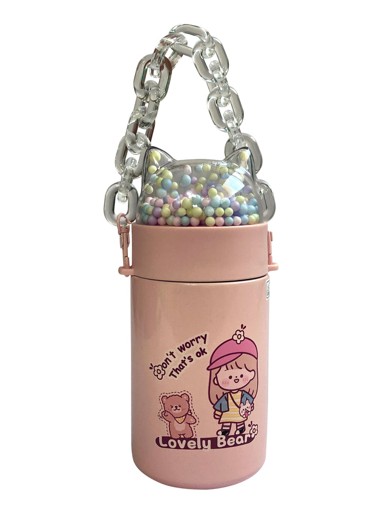 Insulated Water Bottle With Chain and Movable Balls - Pink /280 ml Mumuso