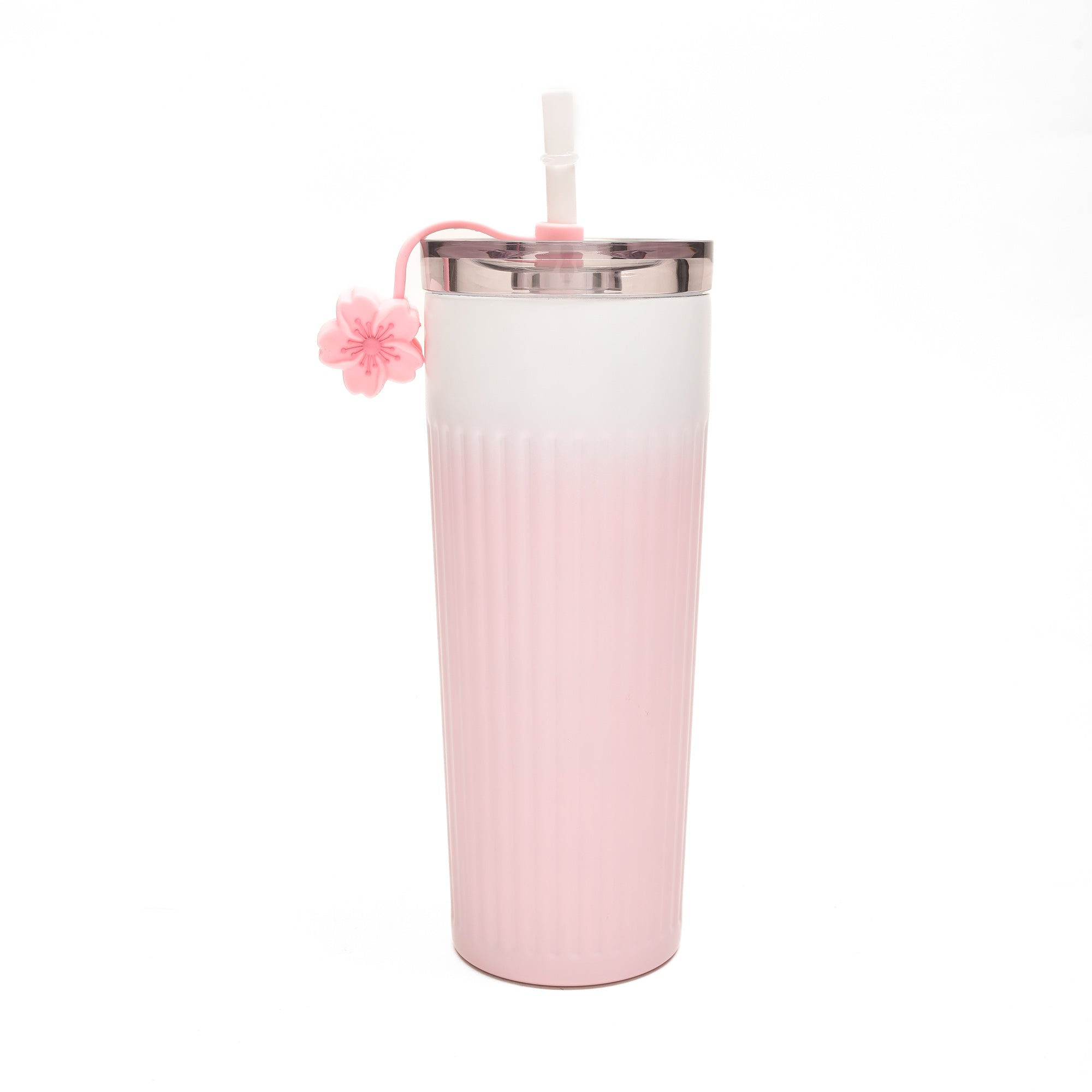Cherry Blossom Collection Ribbed Insulated Tumbler with Straw - Pink/500 ml