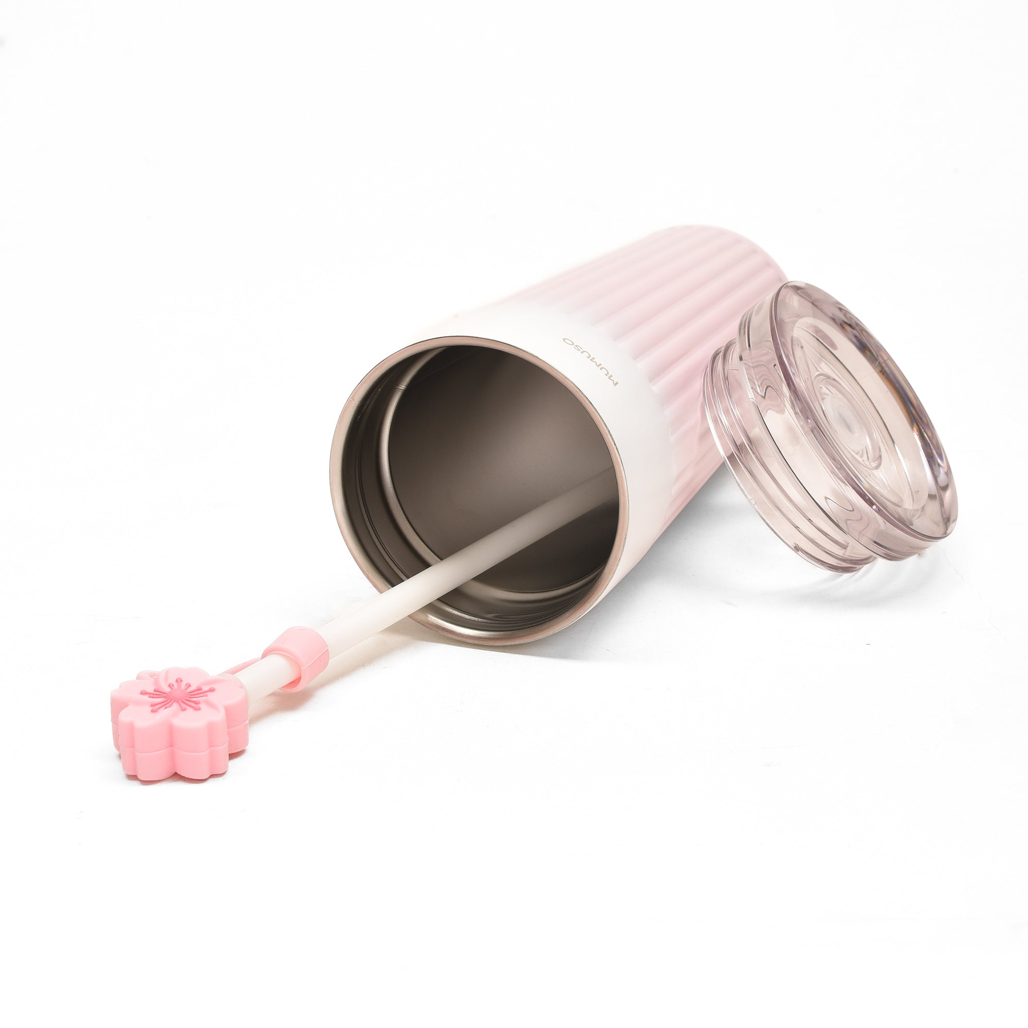Cherry Blossom Collection Ribbed Insulated Tumbler with Straw - Pink/500 ml