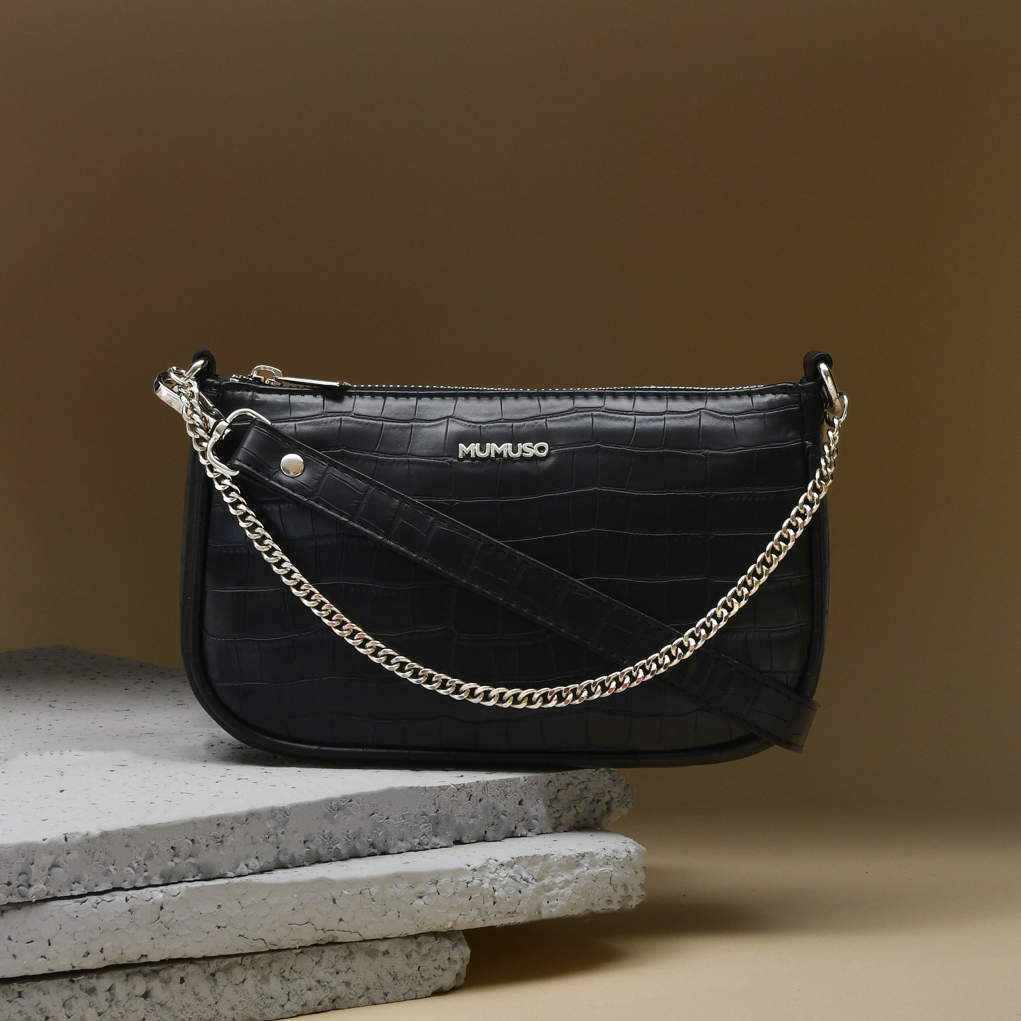 Dual Handle Croco Shoulder Bag- Black