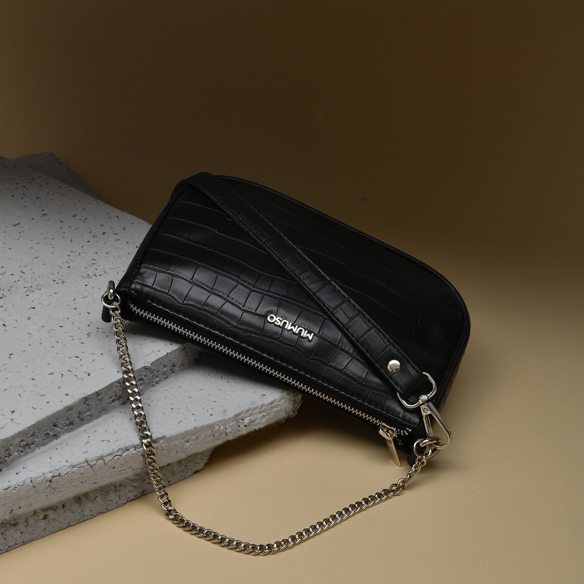 Dual Handle Croco Shoulder Bag- Black