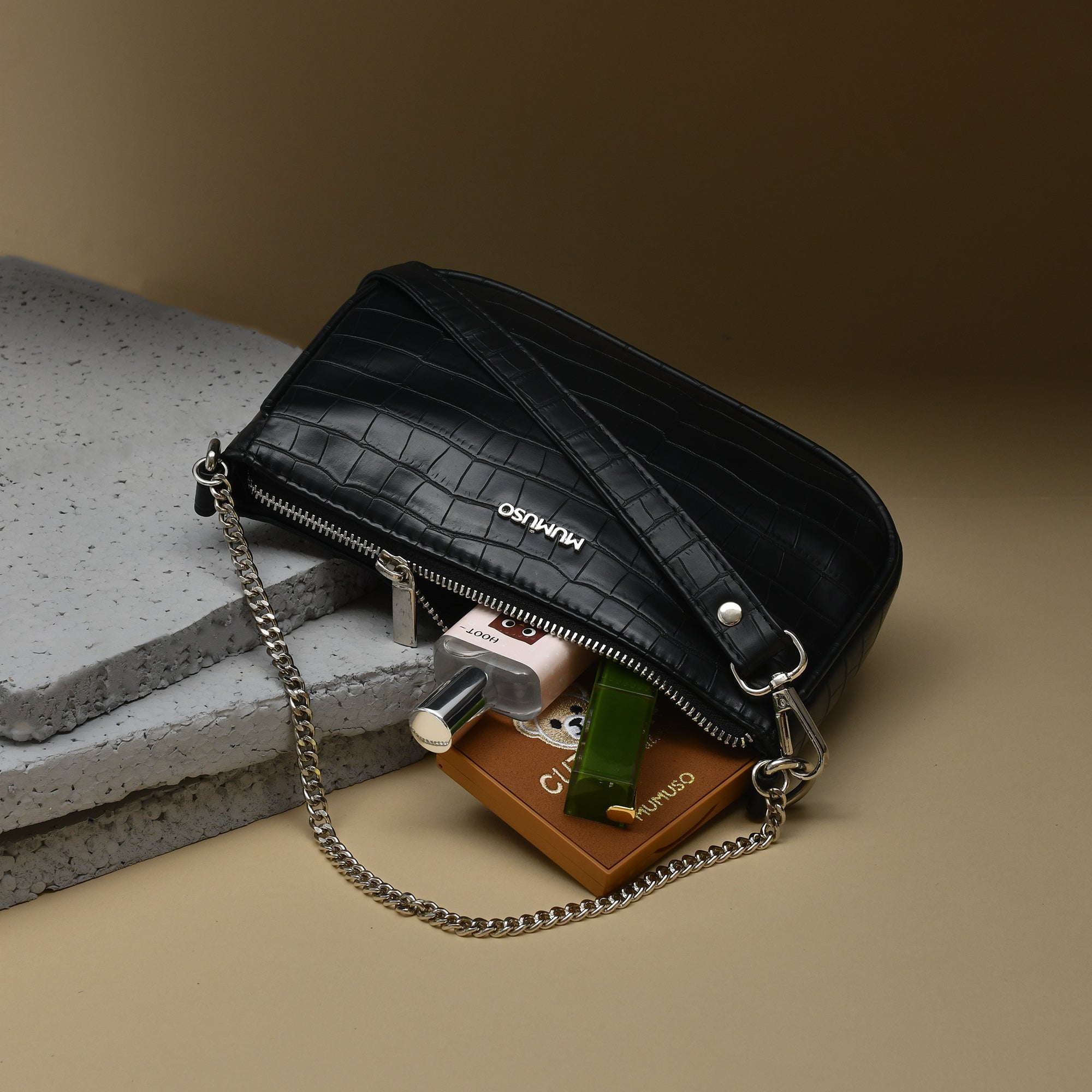 Dual Handle Croco Shoulder Bag- Black