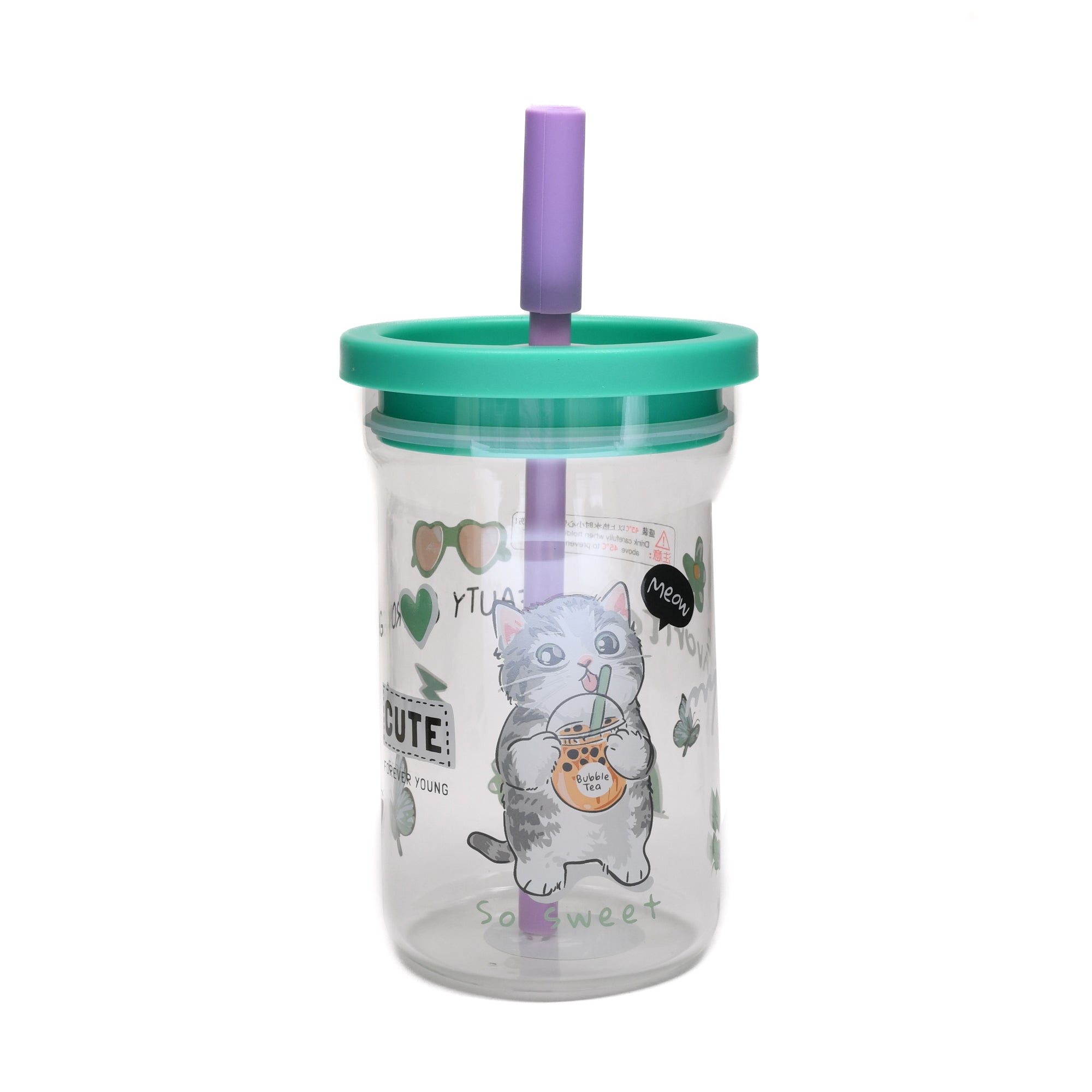 Cute Cartoon Cat Glass Tumbler with Straw- 700ml
