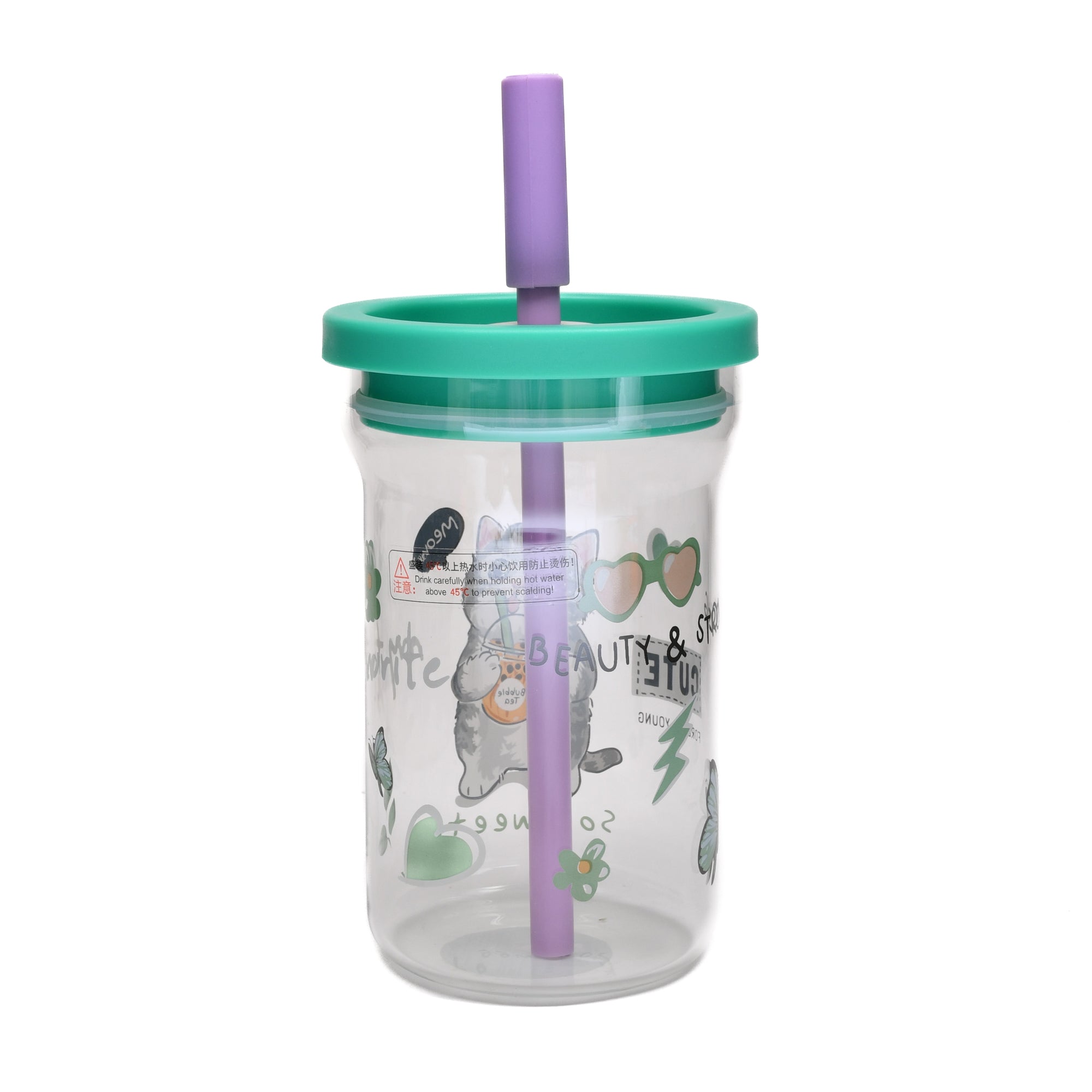 Cute Cartoon Cat Glass Tumbler with Straw- 700ml