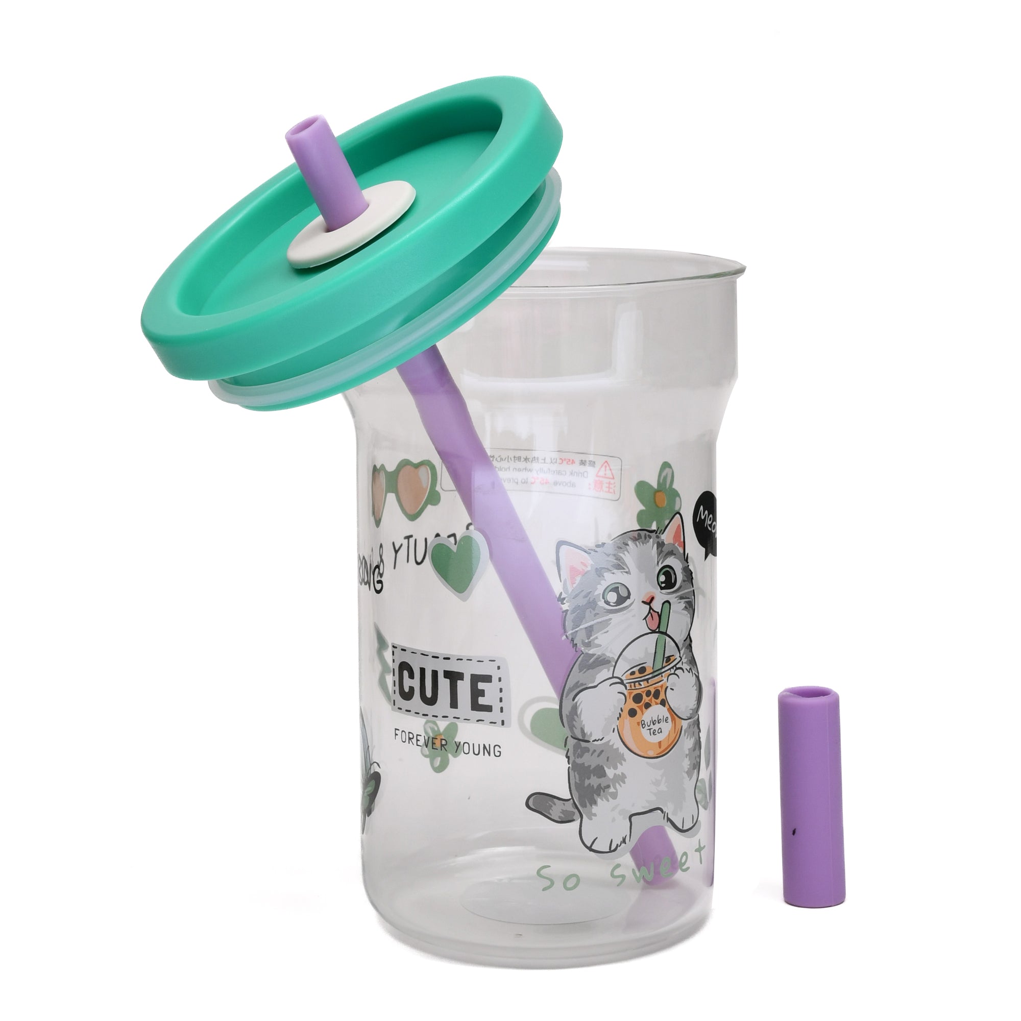 Cute Cartoon Cat Glass Tumbler with Straw- 700ml