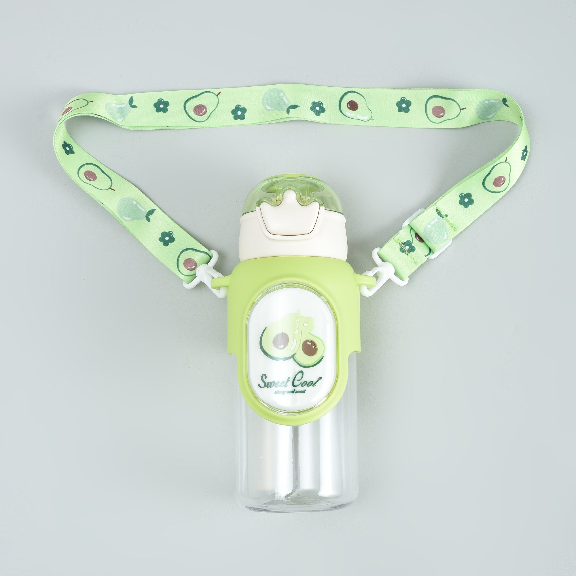 Cherry & Avocado Water Bottle with Crown Cover and Shoulder String - Red & Green / 650 ml
