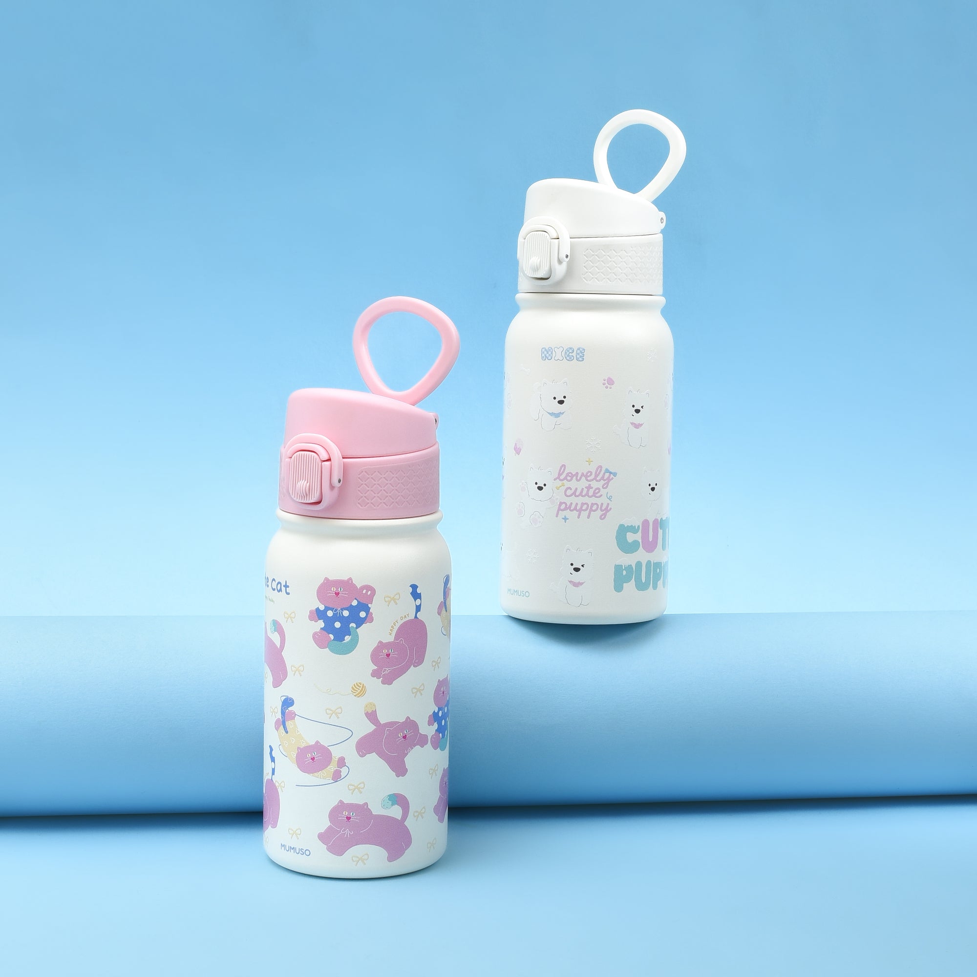 Super Cute Cat & Puppy Insulated Water Bottles- Pink/white- 350ml