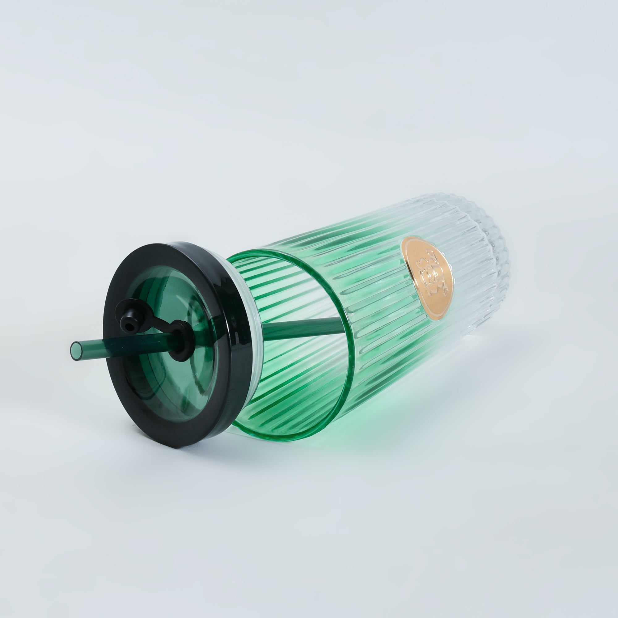 Mumuso Ribbed Glass Tumbler with Straw & Lid- Green/470ml