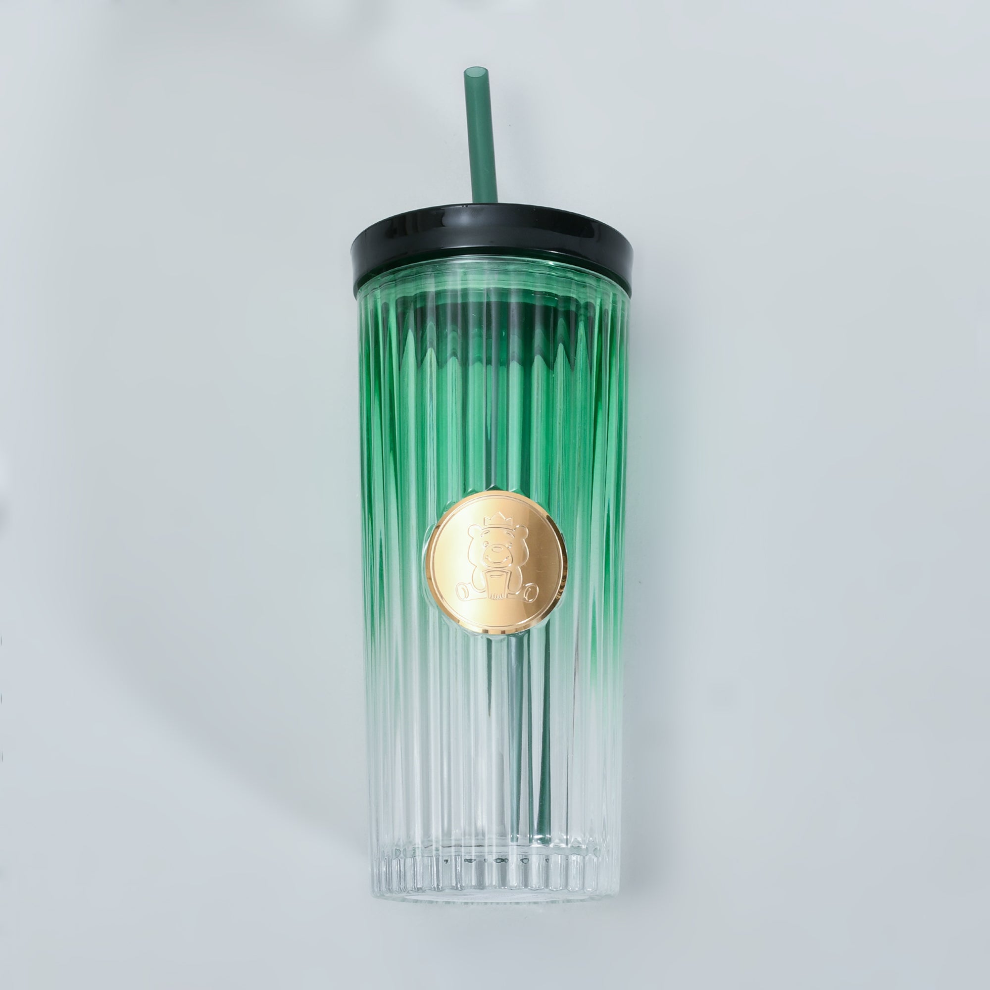 Mumuso Ribbed Glass Tumbler with Straw & Lid- Green/470ml
