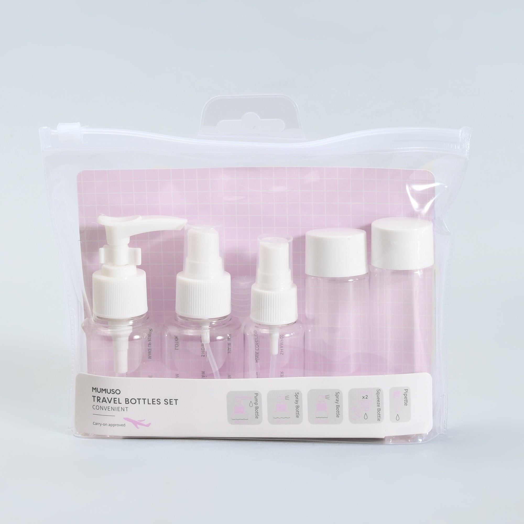 Mumuso Sweet Travel Bottle Set with Zip Pouch and Funnel