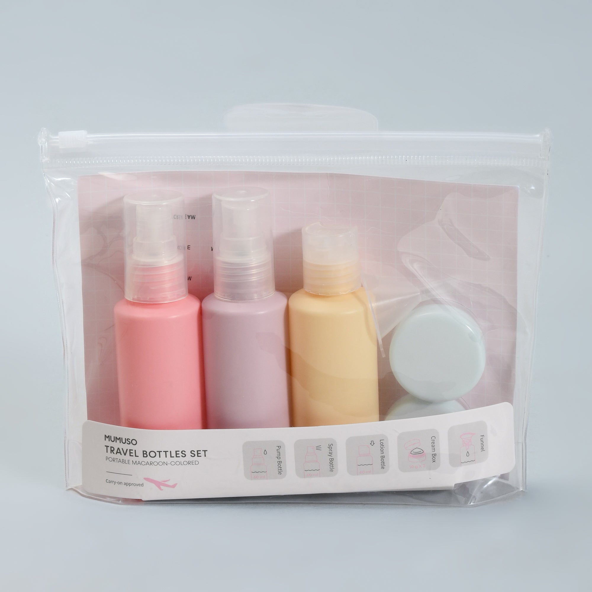 Mumuso Portable Macaroon-Coloured Travel Bottles Set β 5 pcs/60ml