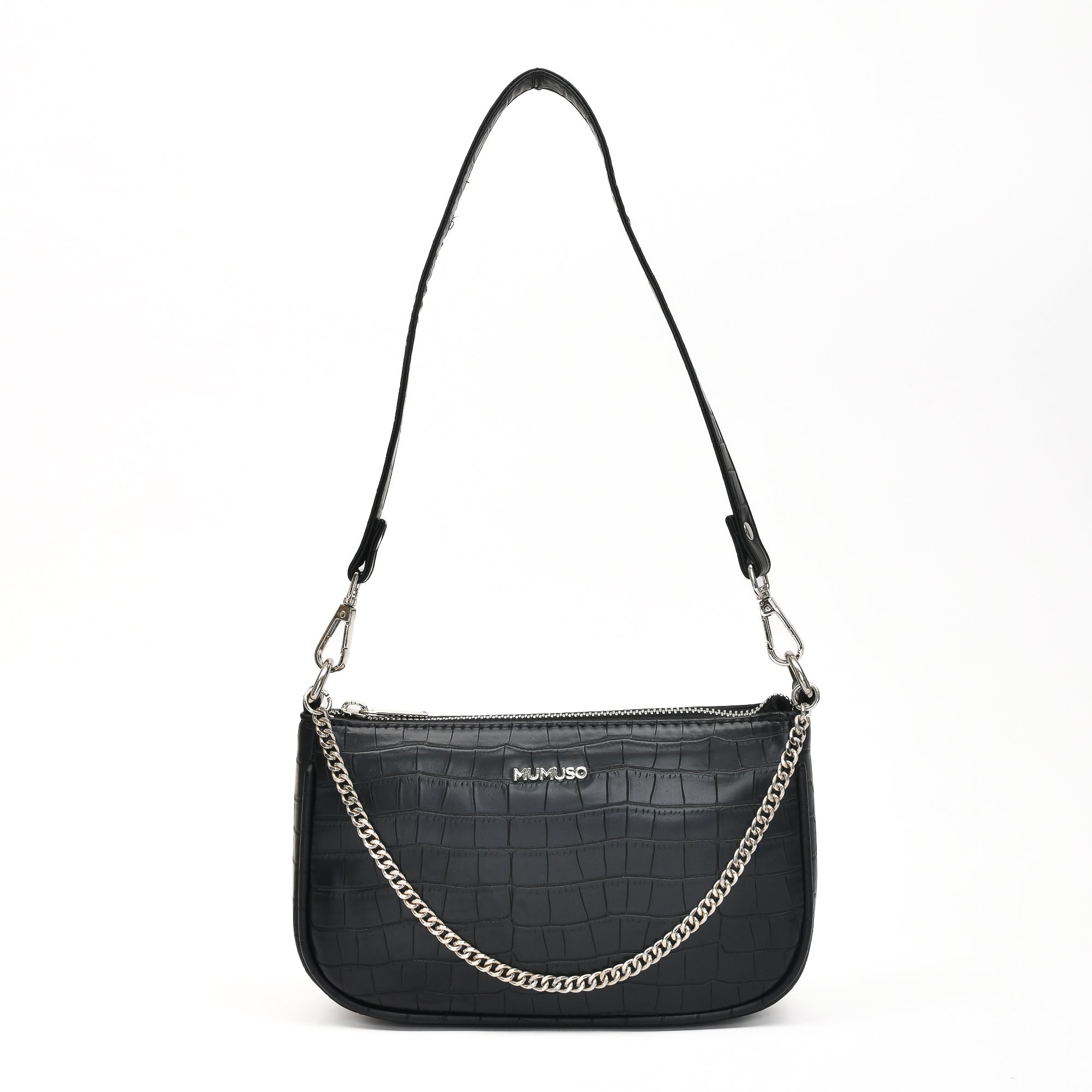 Dual Handle Croco Shoulder Bag- Black