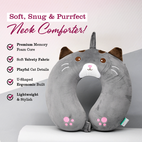 Memory Foam Grey Cat U Shaped Neck Pillow- 32 cm