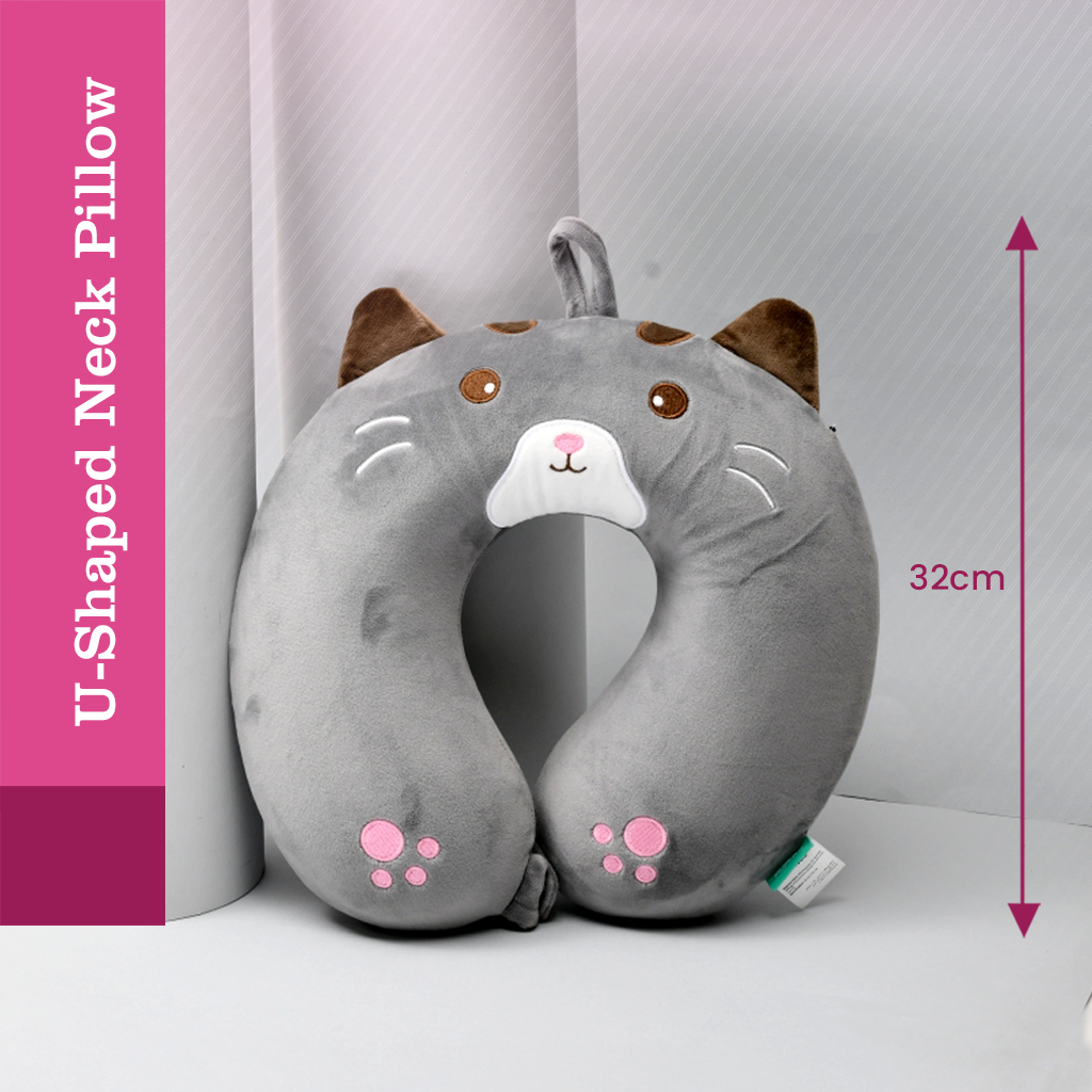 Memory Foam Grey Cat U Shaped Neck Pillow- 32 cm – Mumuso