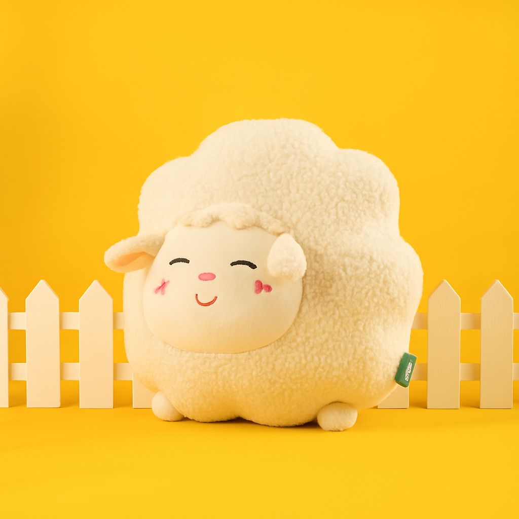 Fluffy Cute Sheep Plush Throw Pillow - Beige/Pink