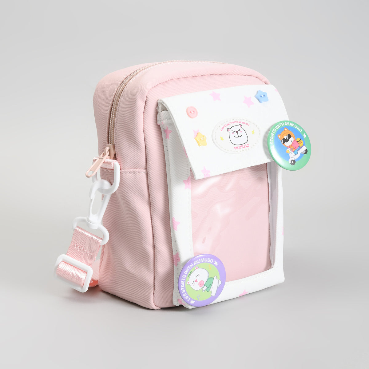 Mumuso All-Match Crossbody Bag for Kids with Badges - Pink