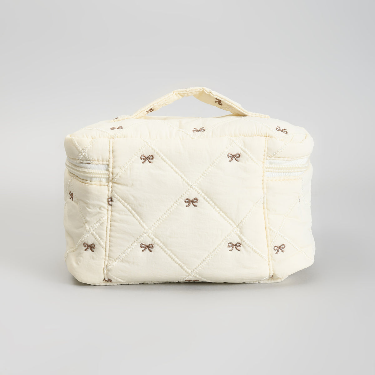Cute Bow Quilted Makeup Bag – Portable Vanity Pouch with Handle -Beige