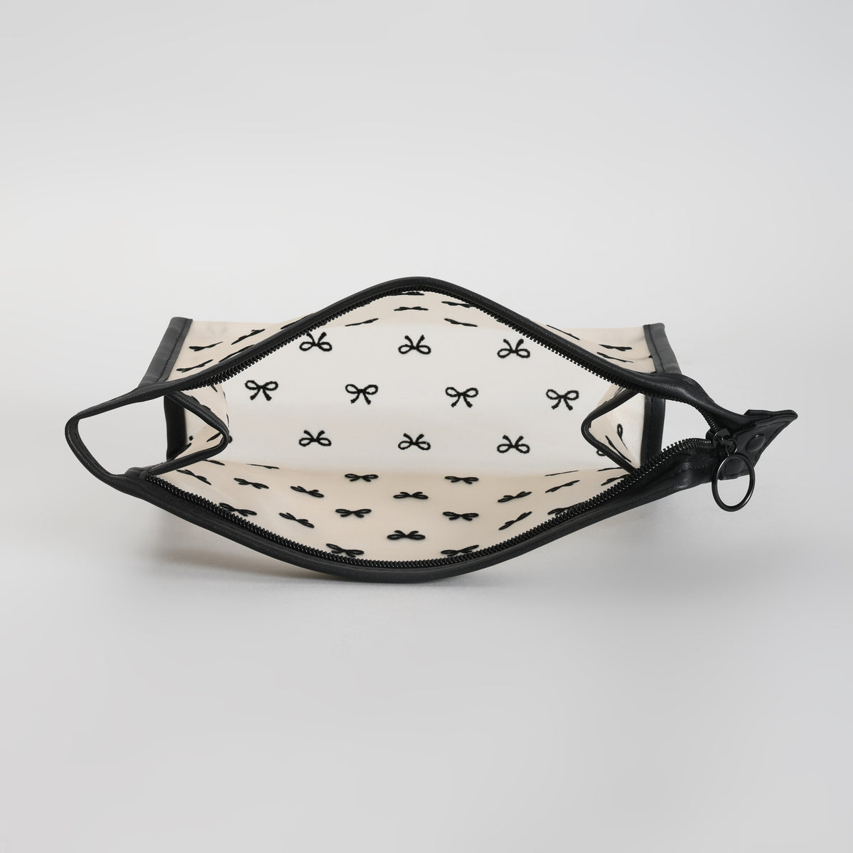 Mumuso Cute Bow Print Mesh Makeup Pouch – See-Through Cosmetic Bag- Black/ Beige