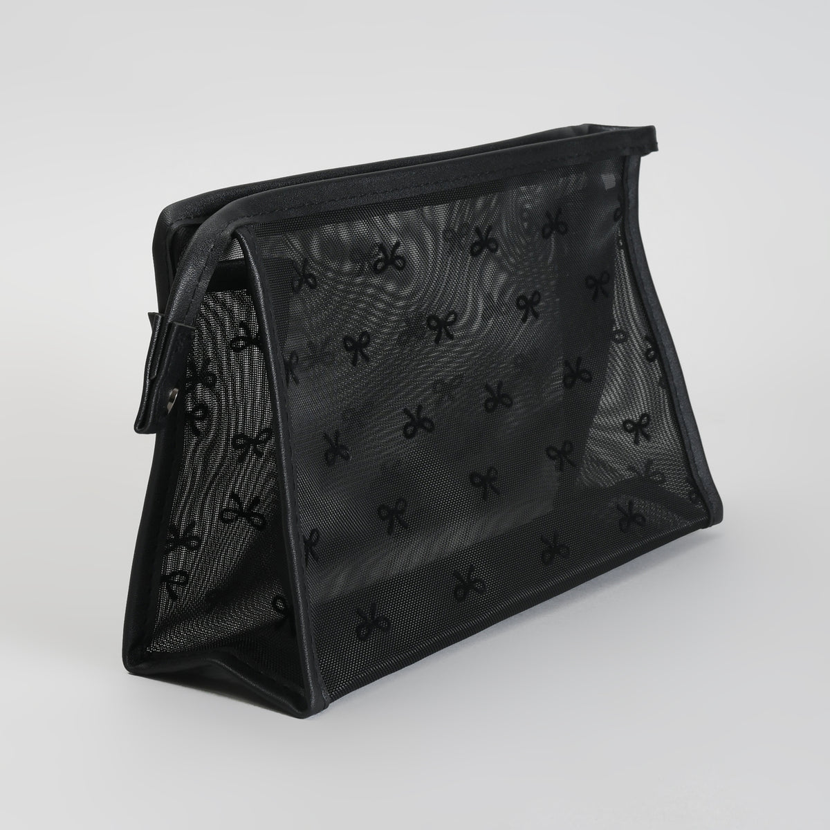 Mumuso Cute Bow Print Mesh Makeup Pouch – See-Through Cosmetic Bag- Black/ Beige