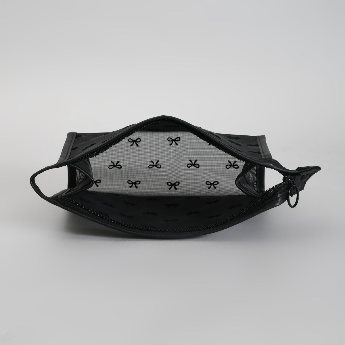 Mumuso Cute Bow Print Mesh Makeup Pouch – See-Through Cosmetic Bag- Black/ Beige