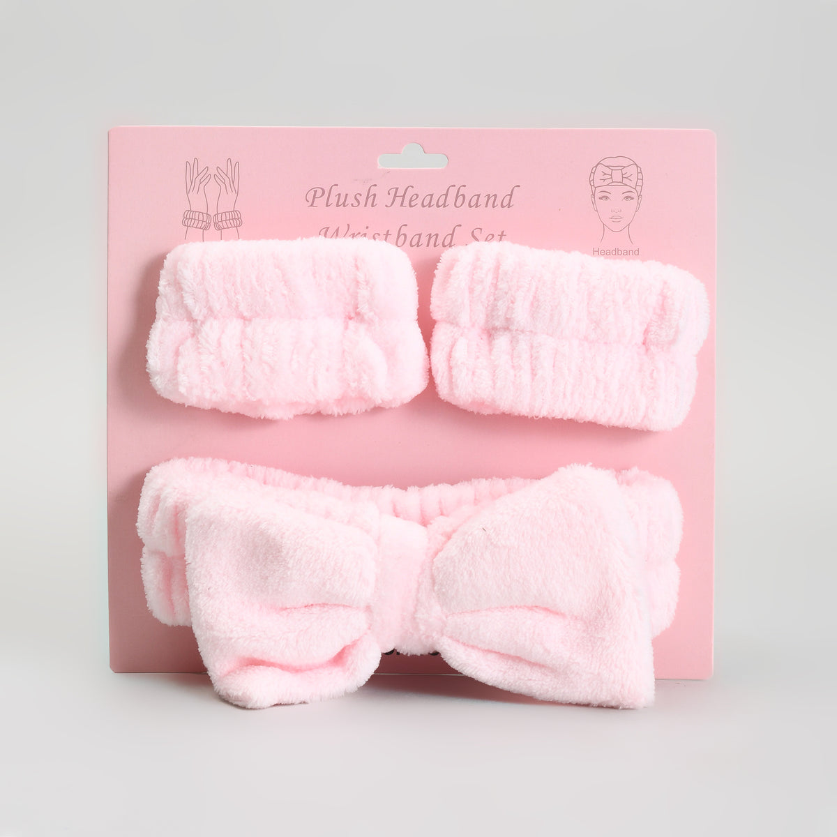 Bow Spa Headband & Wristband Set – Pink Plush Skincare Headband