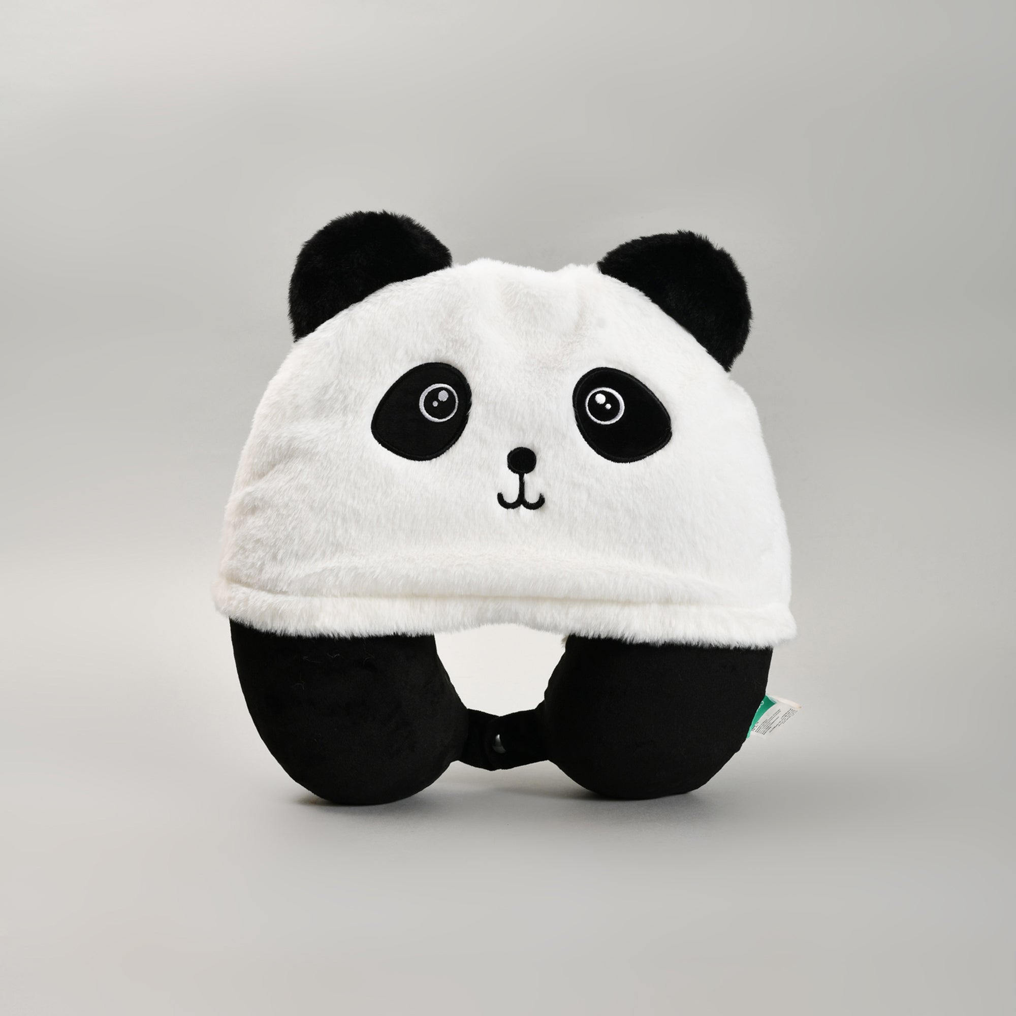 Memory Foam U-Shaped Neck Pillow with Hood- Panda- Black and White