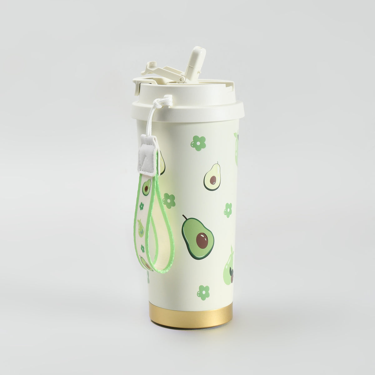 Mumuso Avocado Insulated Coffee Tumbler with Lanyard- Green/ 550ml