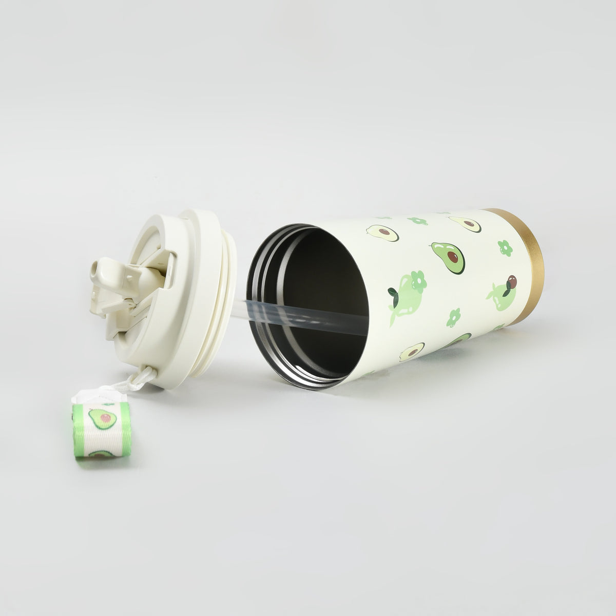 Mumuso Avocado Insulated Coffee Tumbler with Lanyard- Green/ 550ml
